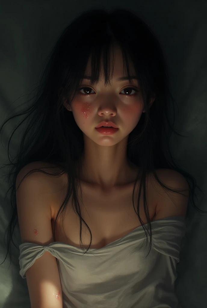 Pre-teen with flat brests female east Asian ghost, wearing a bloody white leotard, with sunken eyes