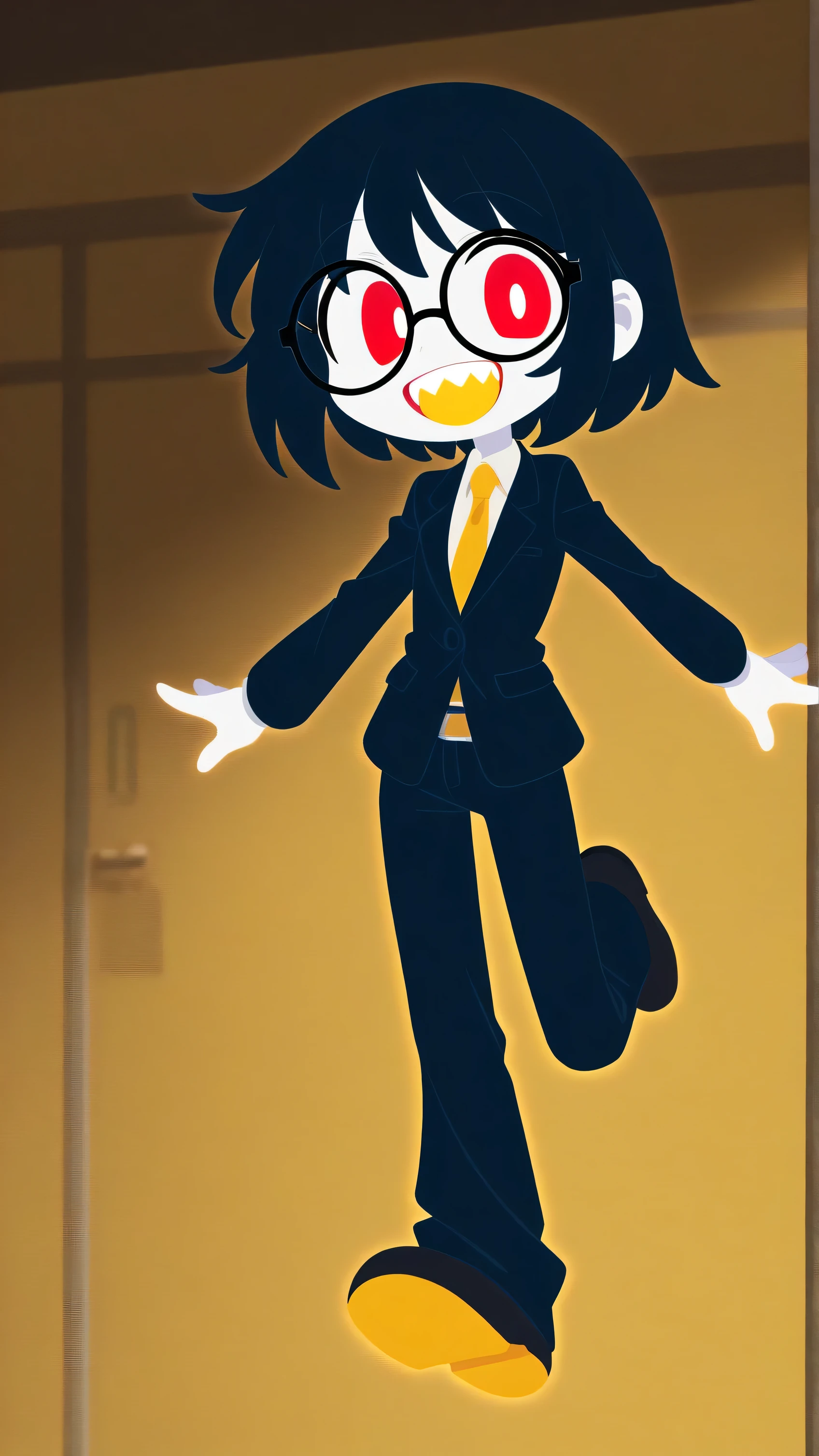 (seul:1.2), 1girl\(mignon, mignon,(sourire cruel), disperser beaucoup de documents, Dents doubles:1.3, costume d'affaires \(cheveux foncés:1),(73 minutes,Raccourcis),(Bunhead:1.5), yeux rouges, (de beaux yeux dispersés à travers beaucoup de documents sont décrits en détail:1.4),yeux qui tournent, (grands yeux),(Poitrine:1.4),(peau blanche:1.3), (:1.6), (chemise),(pantalon business avec ceinture), (lunettes:1.4), (Poses Dynamiques:1.4)\)),(bang:1.2)\), CASSER .contexte\( espace de travail, par derrière , Lignes bleues et jaunes\), pop art,corps entier、 couleur primaire, (art du graffiti:0.8), papier peint 8k、デザインされたビル群のcontexte。