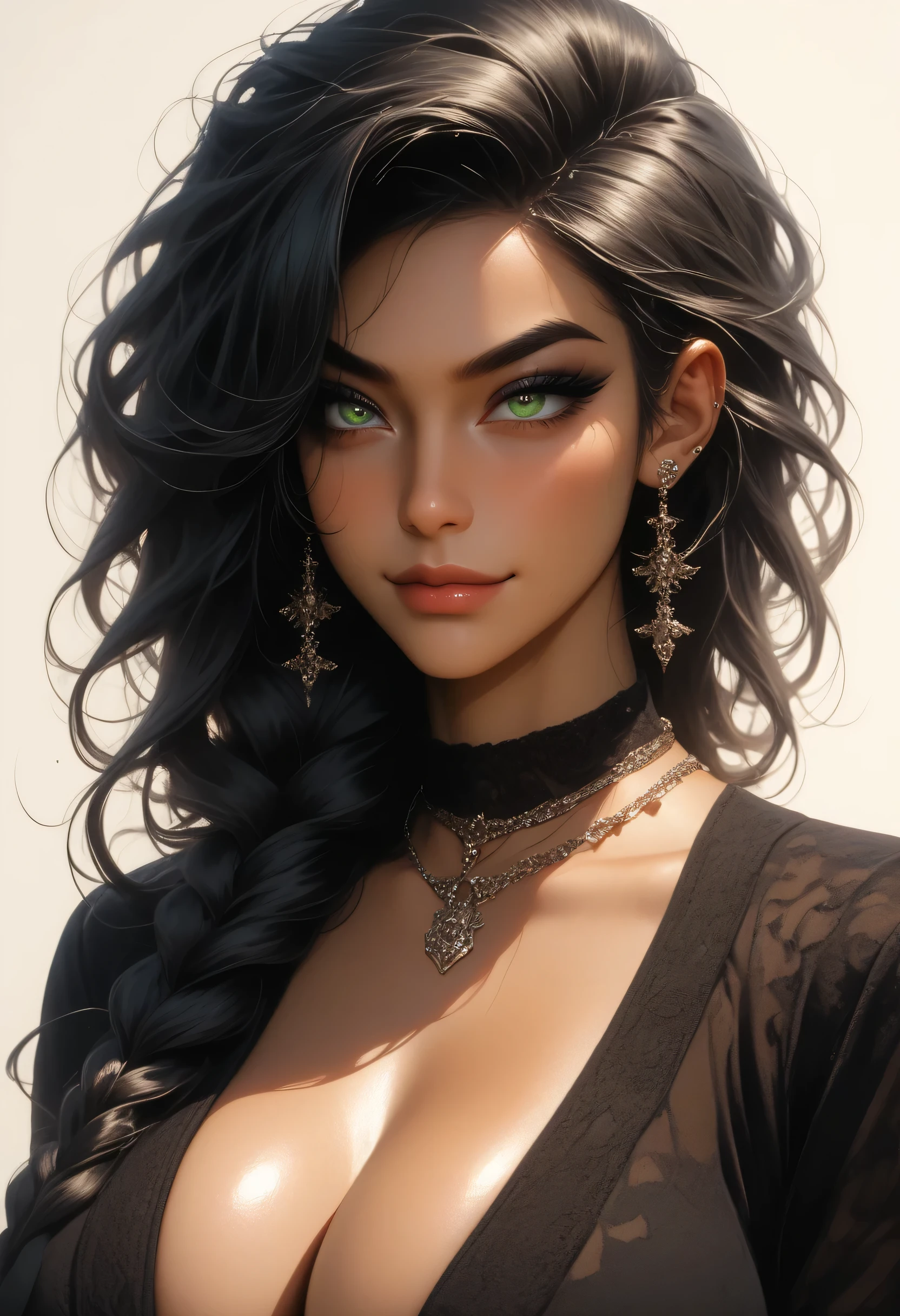 masterpiece, solo, profile, goth, tanned skin, MILF, long black hair, thick braid, upswept hair, makeup, eyeshadow, choker, green eyes, detailed eyes, cleavage, (), midriff, smirk, fantasy sorceress, white background