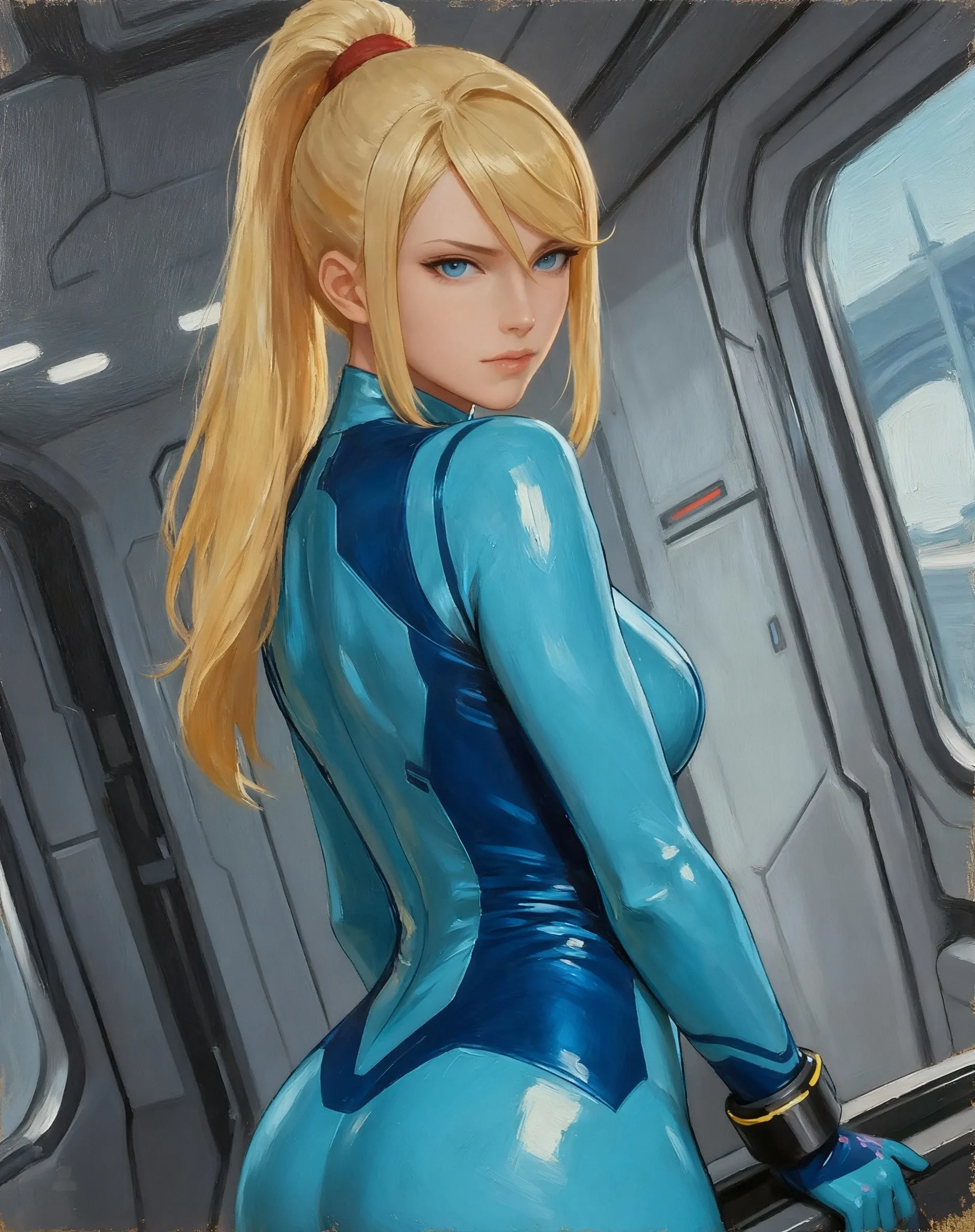 score_9, score_8_up, score_7_up, score_6_up, 1girl, solo, z3r0s4m, ponytail, bodysuit, cowboy shot, crossed arms, looking at viewer, spaceship, <lora:z3r0s4mV1:0.8>