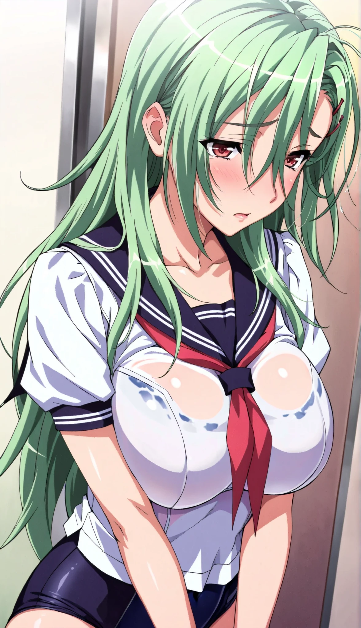 1girl, solo, ,, (wearing nothing: 1.5), ., empty eyes ,run elise jewelria, , green hair, long hair, red eyes, AHOGE,, flooding, fire, heavy snowfall, frozen, file, crying, sea, cooking, whole body, Cherry tree,  blue sky, church,, classroom, garden, ,  ,  , Sweating profusely, , Wet Woman,  female ,, hospital, 16 years old, amusement park、, Peeing, lactation, projectile lactation