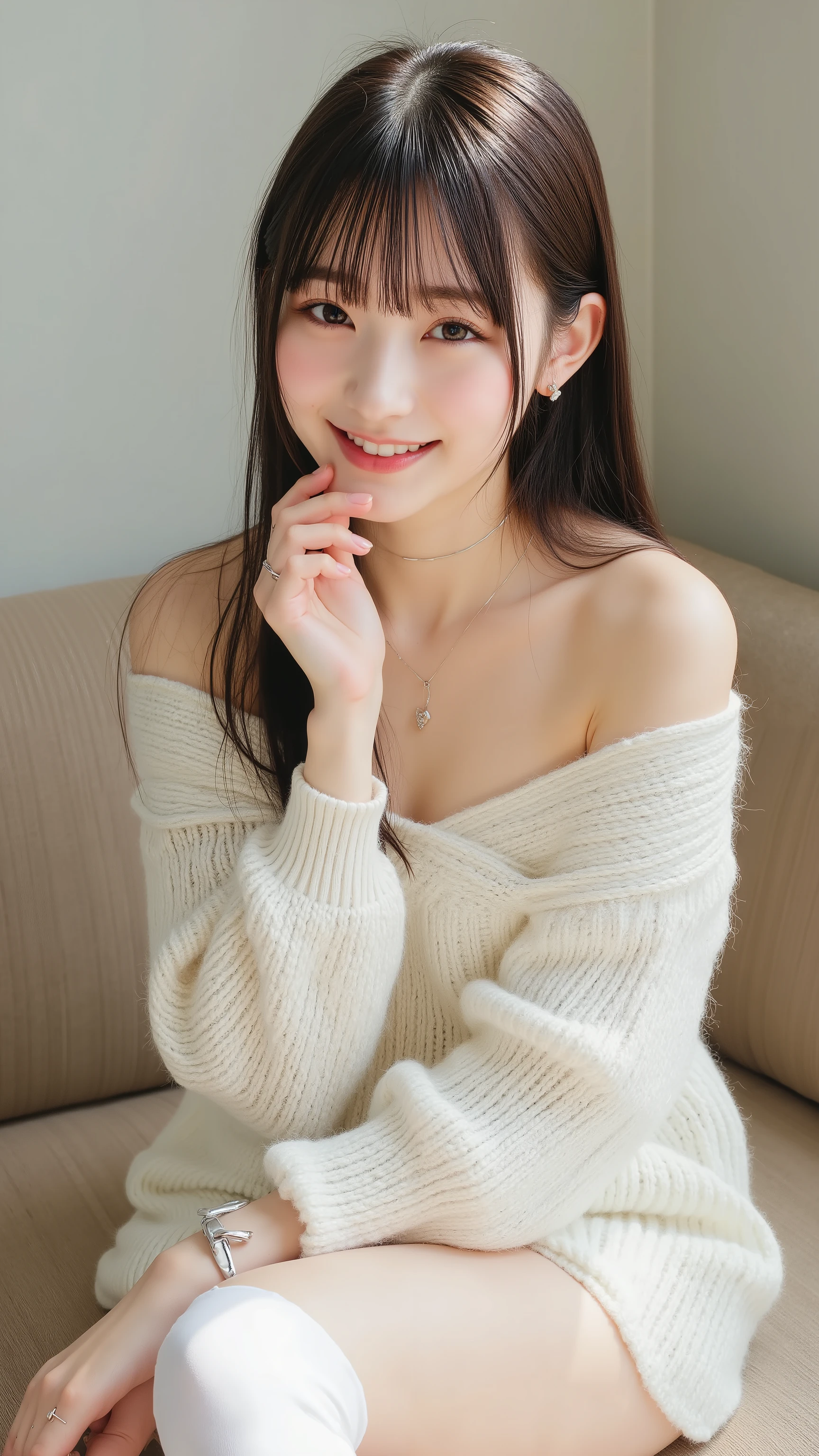 This is a high-resolution photograph of a young woman sitting on a beige sofa in a minimalist, well-lit room. She has a fair complexion, long, straight dark brown hair with bangs, and a slender physique. She is wearing an oversized, off-the-shoulder white knit sweater that drapes loosely over her shoulders and arms, revealing her collarbone and upper chest. Her legs are bare except for white thigh-high socks that reach just below her knees. She accessorizes with a silver bracelet on her right wrist and a delicate necklace around her neck. Her expression is soft and slightly contemplative, with her right hand resting near her lips, and her left hand resting on her thigh. The background is simple, featuring a neutral-colored wall and a beige sofa with a textured fabric. The overall aesthetic of the image is modern and minimalistic, emphasizing the subject's delicate features and the soft, cozy texture of her sweater.