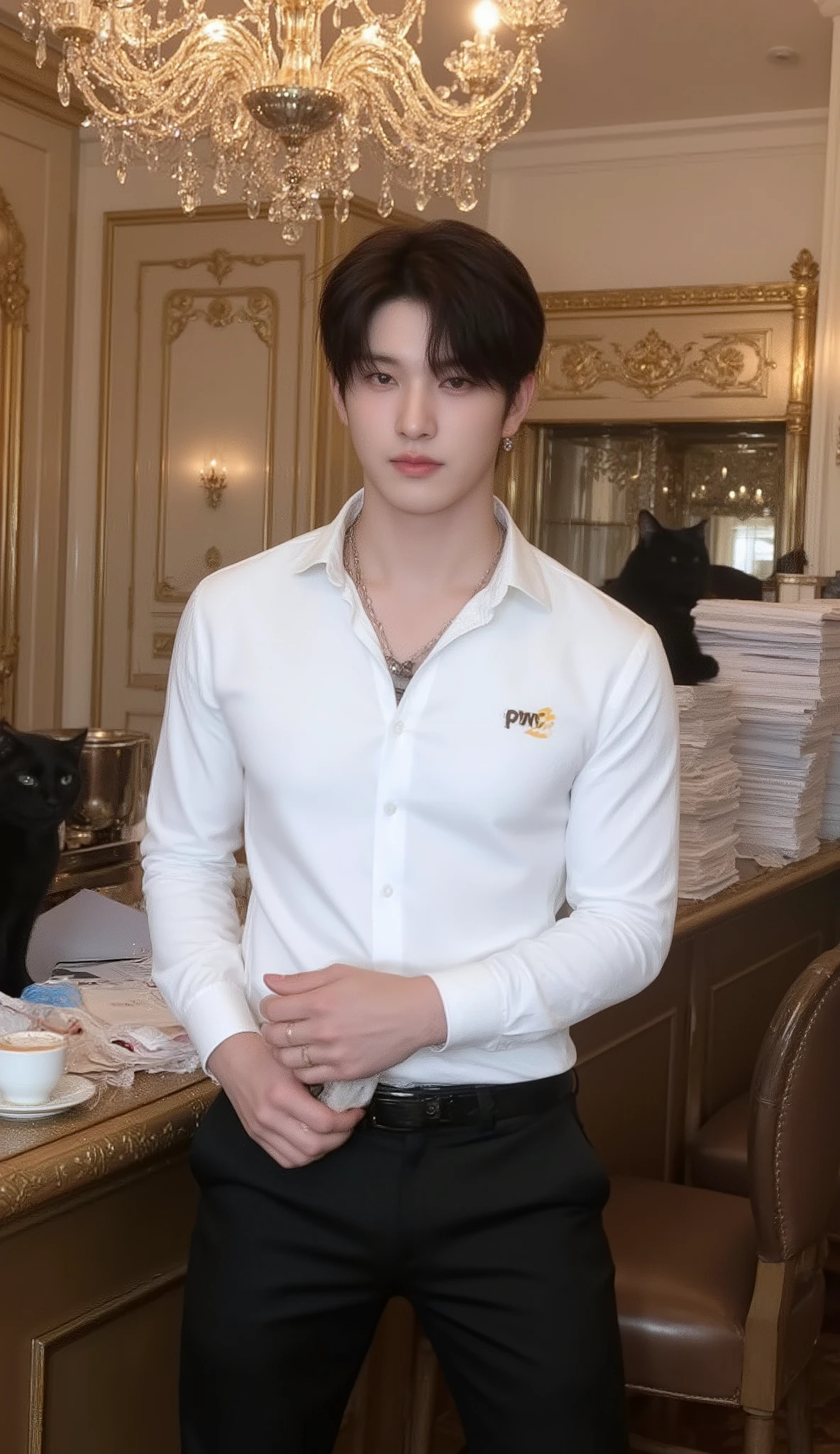 A portrait image, lower angle, shows a young Korean male student standing in a luxurious, French-style cafe in Paris.

He is handsome and muscular. He has a fluffy K-pop hairstyle with fringes, phwamen. He wears a tight long-sleeve white shirt with a collar and six buttons with a big 'PwC' logo on the , a black necktie, and black wool slim-fit pants. He holds documents in his hands. 

The backdrop is many stacks of documents at the counter. The documents are untidy all around the surface and on the floor. There is also a big black cat on the stack of documents. A cup of latte is on the sophisticated table. A very gorgeous chandelier is on the ceiling. High-quality professional photography, 8K quality.
