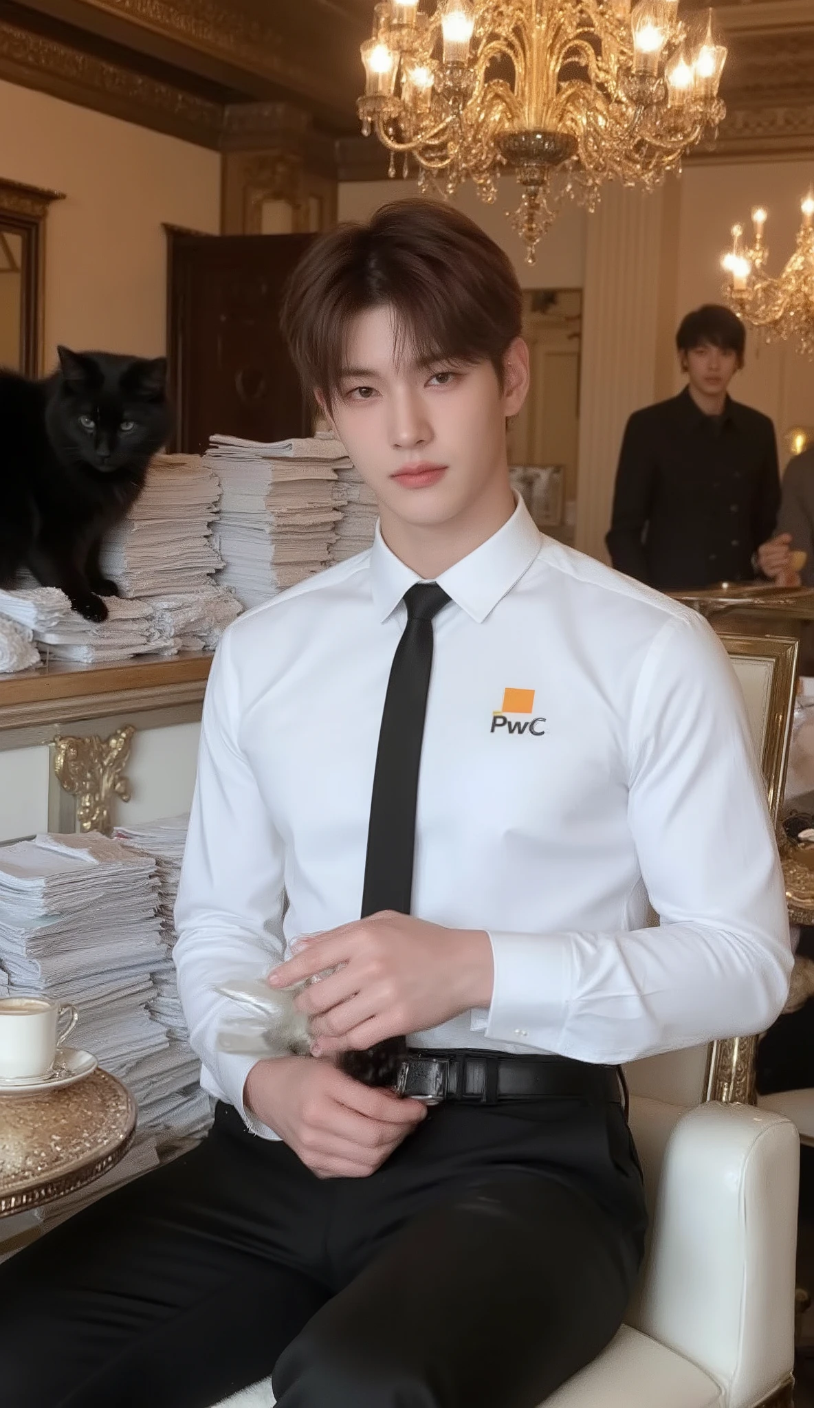 A portrait image, lower angle, shows a young Korean male student sitting in a luxurious, French-style cafe in Paris.
He is handsome and muscular. He has a fluffy K-pop hairstyle with fringes, phwamen. He wears a tight long-sleeve white shirt with a collar and six buttons with a big 'PwC' logo on the , a black necktie, and black wool slim-fit pants. He holds thick documents in his hands.
The backdrop is many stacks of documents at the counter. The documents are untidy all around the surface and on the floor. There is also a big black cat on the stack of documents. A cup of latte is on the sophisticated table. A very gorgeous chandelier is on the ceiling. High-quality professional photography, 8K quality.