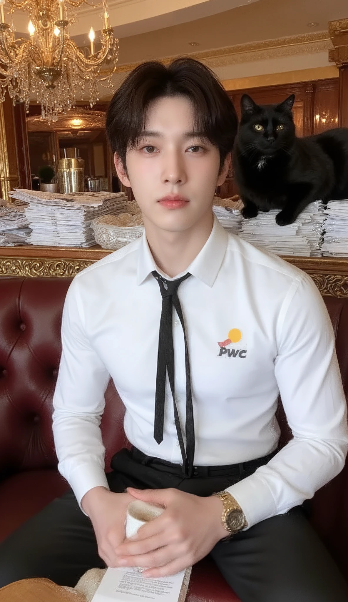 A portrait image, lower angle, shows a young Korean male student sitting in a luxurious, French-style cafe in Paris.
He is handsome and muscular. He has a fluffy K-pop hairstyle with fringes, phwamen. He wears a tight long-sleeve white shirt with a collar and six buttons with a big 'PwC' logo on the , a black necktie, and black wool slim-fit pants. He holds thick documents in his hands.
The backdrop is many stacks of documents at the counter. The documents are untidy all around the surface and on the floor. There is also a big black cat on the stack of documents. A cup of latte is on the sophisticated table. A very gorgeous chandelier is on the ceiling. High-quality professional photography, 8K quality.