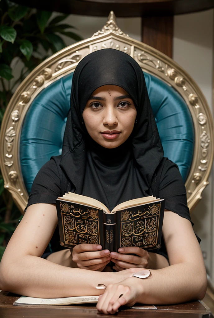 Slim fit weak Very Pale skin black eyebrows kurdish glasses woman in hijab studying at table in room  shoulder  arm breasts    