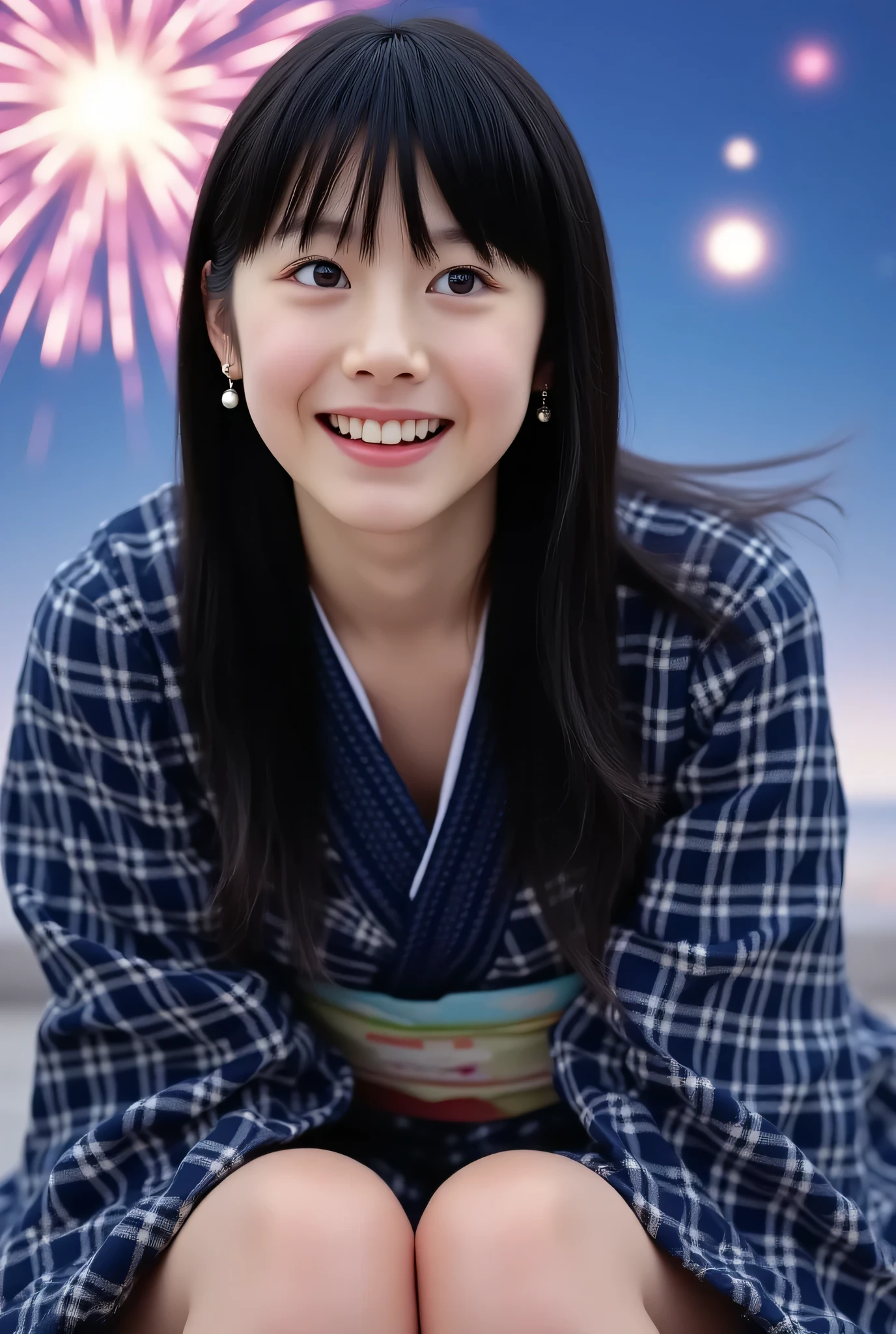 ((best quality)), ((masterpiece)), ((detail)), 若い日本人少女の全身のhigh resolution画像, ((face details)), Smile Yang, Surprised and happy expression, Japanese yukata with a navy blue plaid pattern, ((Smooth White Thighs)), sitting posture looking up at the fireworks in the sky, colorful light effect fireworks, ((focusing on kimono、Emphasize:1.5)), royal square background, medium straight black hair, ((shining dark blue eyes, big round eyes, beautiful eyes, high nose, soft red lips)), perfect small breasts, ((Cavity under the chin, slim body, Very white 、clean skin, perfect body and head proportions)), Surprised expression overhead, ((wear elegant earrings and a beautiful necklace)), ultra-high definition resolution 8K, high quality like the picture, Maximum clarity, ((very detailed:1.3, high resolution:1.3)), The background is so clear, very detailedで明確な背景.