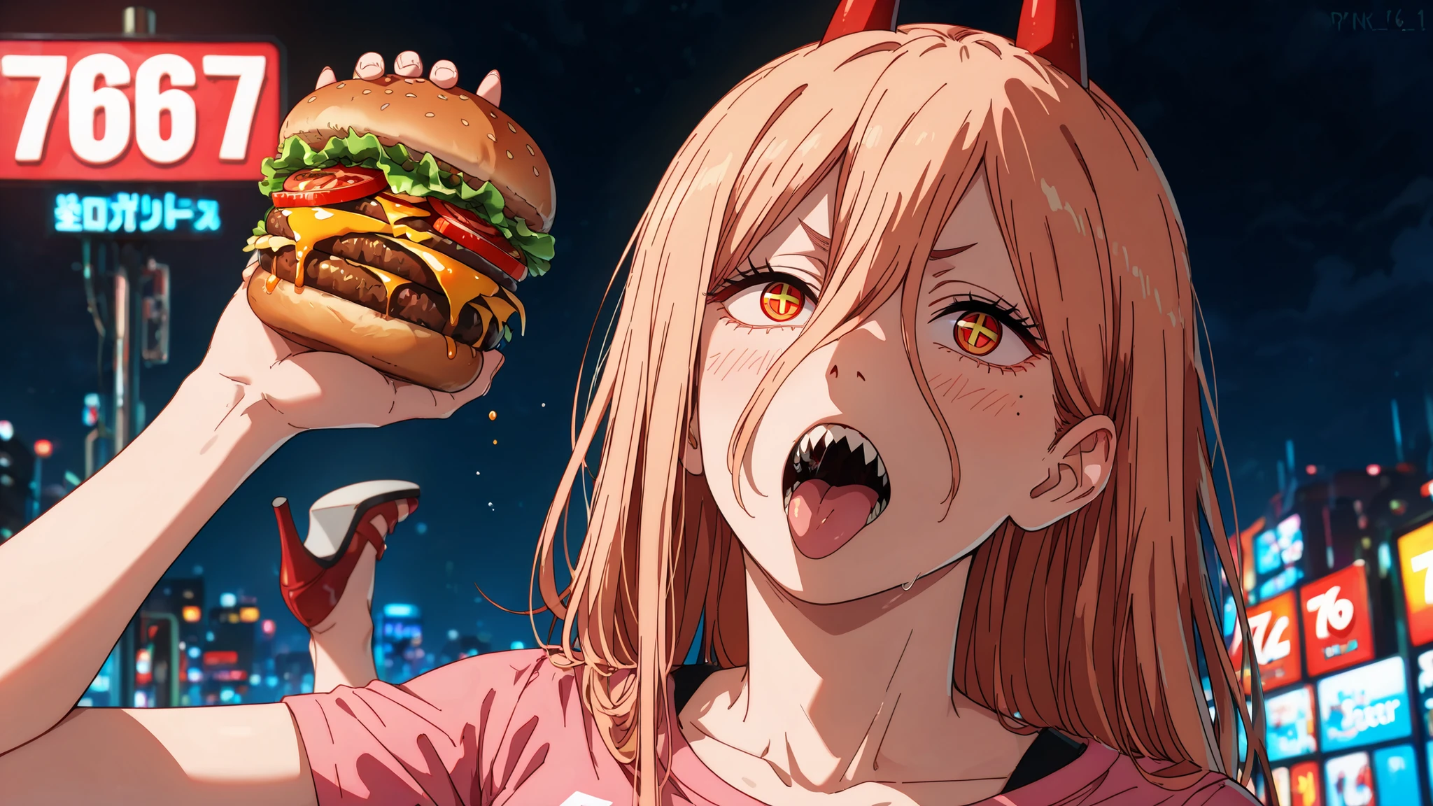 1 girl, upper body, Beautiful waist, legs, close up face ( Close-up face 1 .2.), (proportional body, heels of medium height, proportional arms, correct anatomy 1 .1) waist , in a funny pose, there's a burger, power - chainsaw man, pink t-shirt with an inscription "76". short denim shorts.
portrait, Night, ( correct anatomy 1 .1), very sexy, erotic, masterpiece, highest quality, is absurd, strapless, (best quality, masterpiece, ultra detailed), (pretty face, shiny skin), (detailed eyes), (perfect anatomy), (professional lighting)