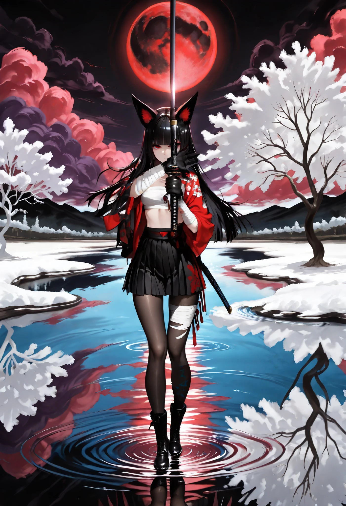 Japanese brush and colored ink, rough sketch, thick ink effect lines, masterpiece, best quality, high resolution, ultra-detailed, very aesthetic, absurdres, solo, 1girl, <Akakitsune>, fox_ears, red_eyes, long_black_hair, blunt_bangs, white_sarashi_top, japanese_open_clothes, black_pleated_mini_skirt, bandaged_arm, black_gloves, bandaged_leg, black_pantyhose, black_boots_footwear, standing on liquid, (1 upright katana, left hand palm's on handguard, hold the katana straight up with right hand:1.2), Holding sword in front of face, hands up, legs together, straight-on, (blue lake:1.2), ripples, reflective water, (white tree:1.2), black sky, red moon, purple cloud,