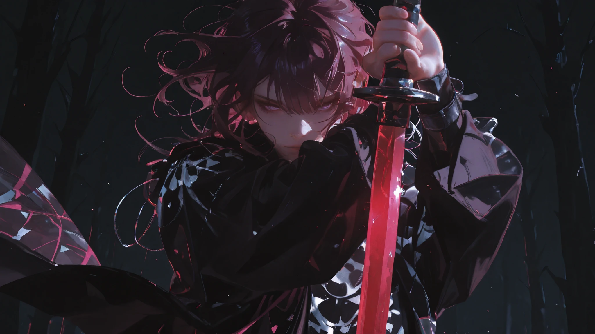 atnr, kafka02_illu, MASTERPIECE, BEST QUALITY, AMAZING QUALITY,
HIGHRES, ABSURDRES, HIGH RESOLUTION,
INTRICATE DETAILS, ULTRA DETAILED, PERFECT DETAILS,
VERY AESTHETIC, AI-ASSISTED,
1boy, solo, Close-up of a sword wielded by a samurai , face out of focus, Detailed sword with edge and ornament., sword held in one hand, Image taken from below reflecting the light of the metal sword.Simple background of a forest, Abstract background, artistic and avant-garde background, dynamic angle, (dynamic pose:1.4), upper body,