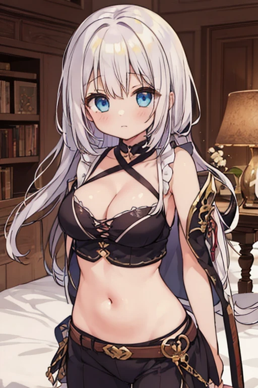 masterpiece, best quality, 1 solo girl, silver hair, red eyes, long hair, medium breasts, sexy body and face, wavy hair, smile, sleeveless shirt, scarf, black thigh-high, mini skirt, pendant, bracelet, jewelry, earrings, feather hair ornament, book, lying at the bed, night, sexy pose, cowboy shots, detailed body, face, and eyes, sharp focus, vibrant, creative, dynamic, high definition, high resolution, 8k, (Upscale: R-ESRGAN 4x+ Anime6mage enchance:4x), voluptuous body, cinema lightning, dakimakura style, looking at the viewer, twin braids