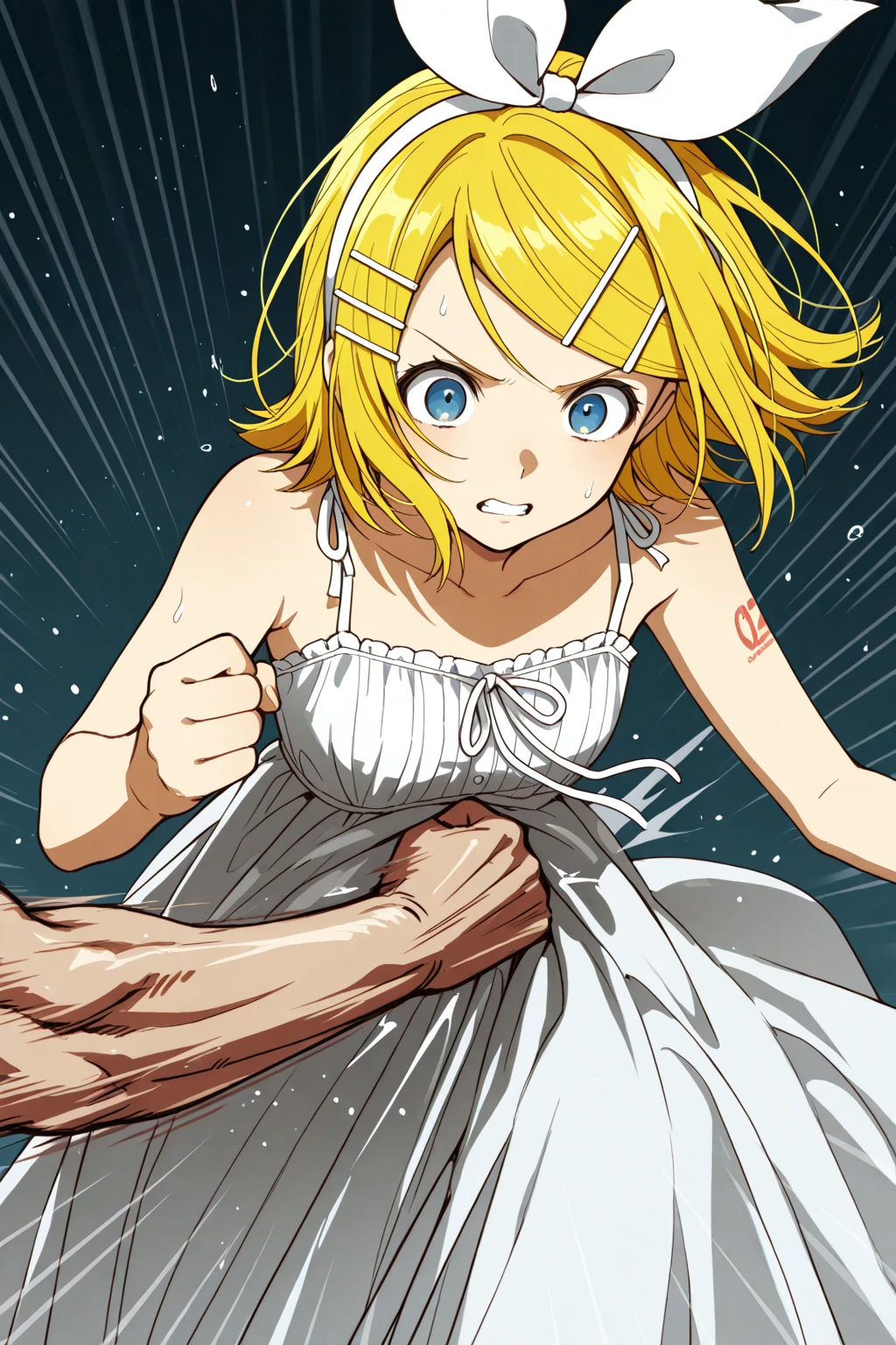 2girls (twins), sitting on red bed , arms raised in the air , front view, cute, android 18, blonde hair, shor hair, wearing pink nightgown
