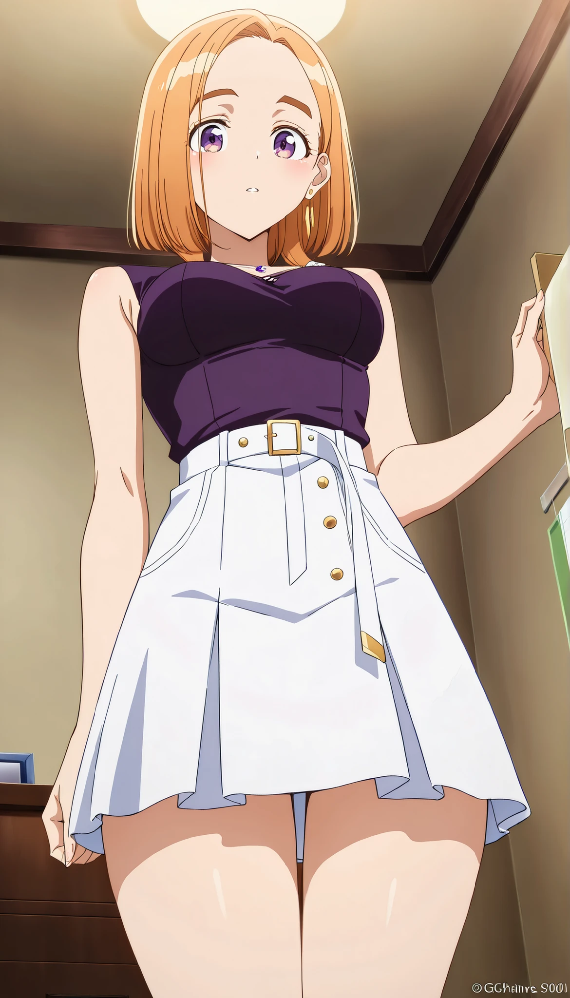 Banri Shiunji,Medium hair,room,Purple sleeveless,White tightskirt,(((Medium Breasts))),orange hair,(low angle),Ulchan -6500-v1.1, (RAW pictures:1.2), BEAUTIFUL DETAILS, Very Detailed,Beautiful Eyes,beautiful eyes,purple eyes,file size is large, high resolution, Very Detailed, top quality, [masterpiece:1.6], Awareness-raising, Very Detailed, CG, fine, top quality, 8K Wallpaper, Perfect Body,Very Detailed