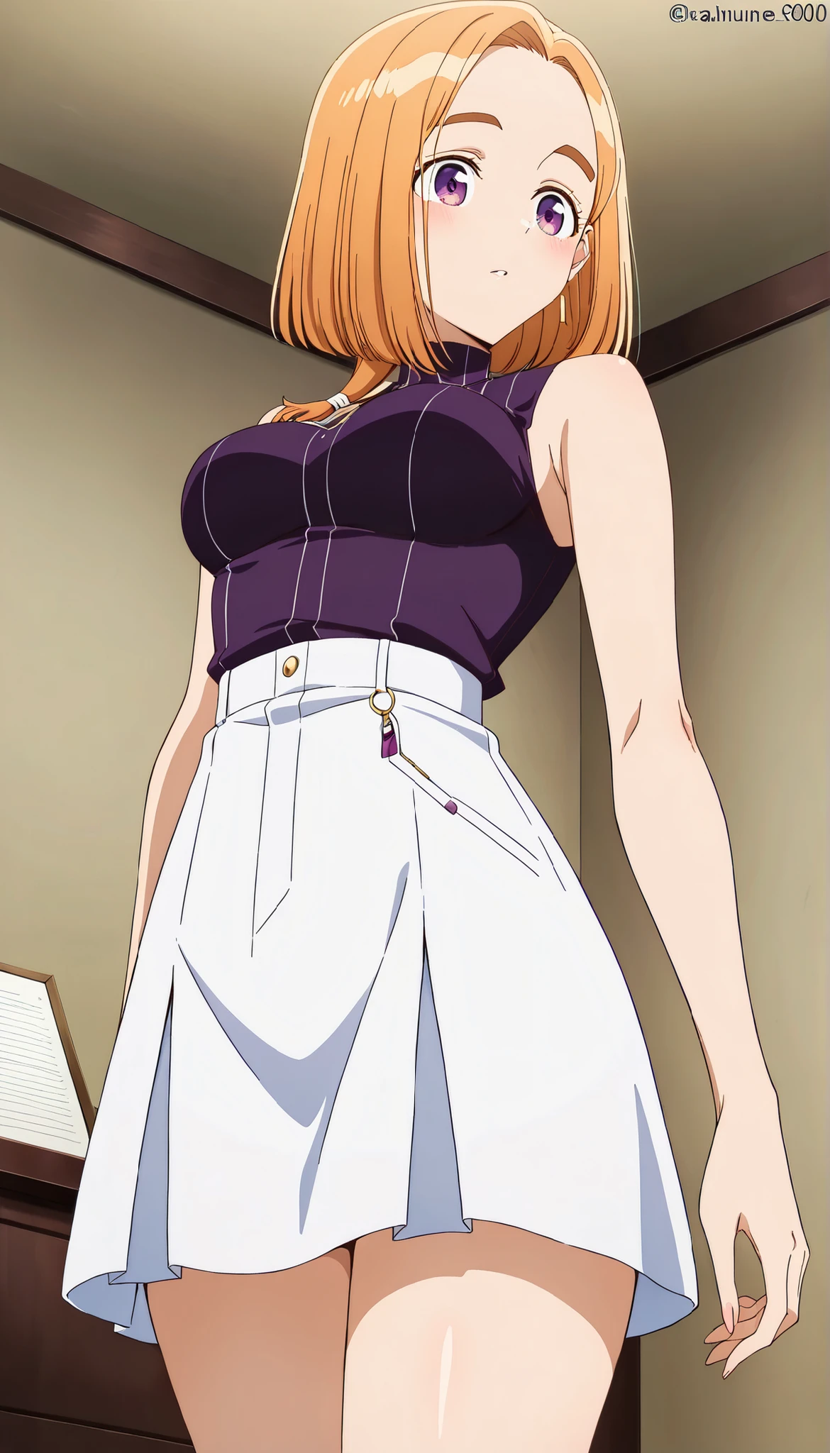 Banri Shiunji,Medium hair,room,Purple sleeveless,White tight skirt,(((Medium Breasts))),orange hair,(low angle),Ulchan -6500-v1.1, (RAW pictures:1.2), BEAUTIFUL DETAILS, Very Detailed,Beautiful Eyes,beautiful eyes,purple eyes,file size is large, high resolution, Very Detailed, top quality, [masterpiece:1.6], Awareness-raising, Very Detailed, CG, fine, top quality, 8K Wallpaper, Perfect Body,Very Detailed