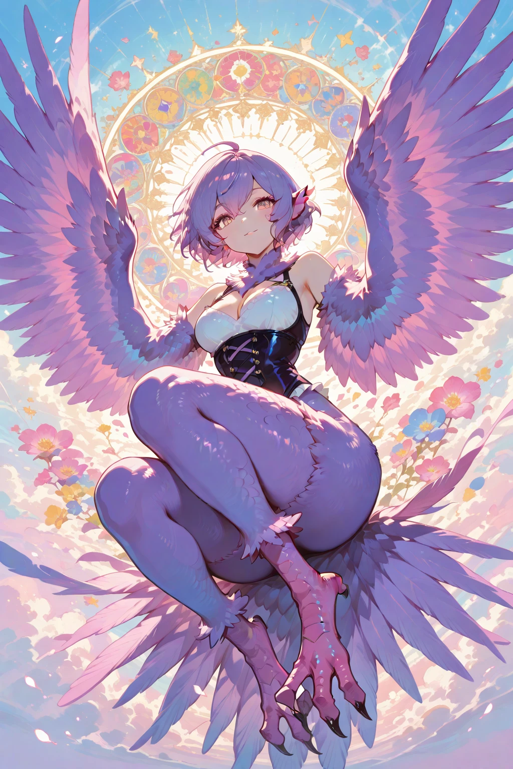 femboy, cute, short purple hair, purple eyes, tan skin, purple sweater, white skirt, purple and white striped thigh high socks, halo, angel wings, blushing, on knees, ???????