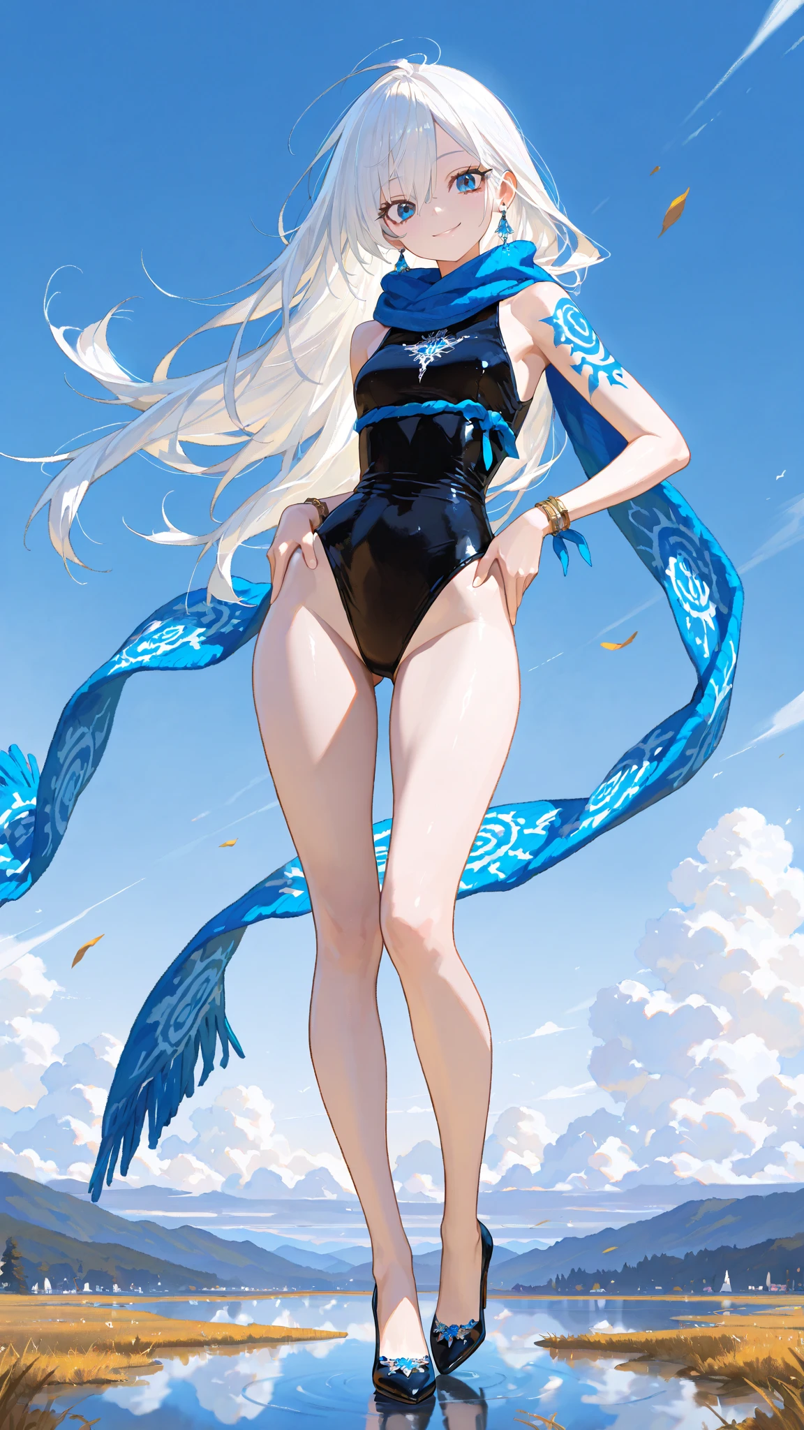 1girl, Angle from below:1.8, The girl bends forward to show off her breasts、legs apart, (Blade), (Tanned shiny black skin:1.6)、Glowing Eyes, ((Sexy evil grin)), (10 years old girl), blondes、Twin tails、forehead、Small breasts, hat, ((((arabian clothes, see-through)), (headband), (Areola Slip), small breasts, (jewelry)))、desert, ((sahara))、foot, ((focus foot))、(手を頭の後ろで組む), (crotch), (foot),((foot))