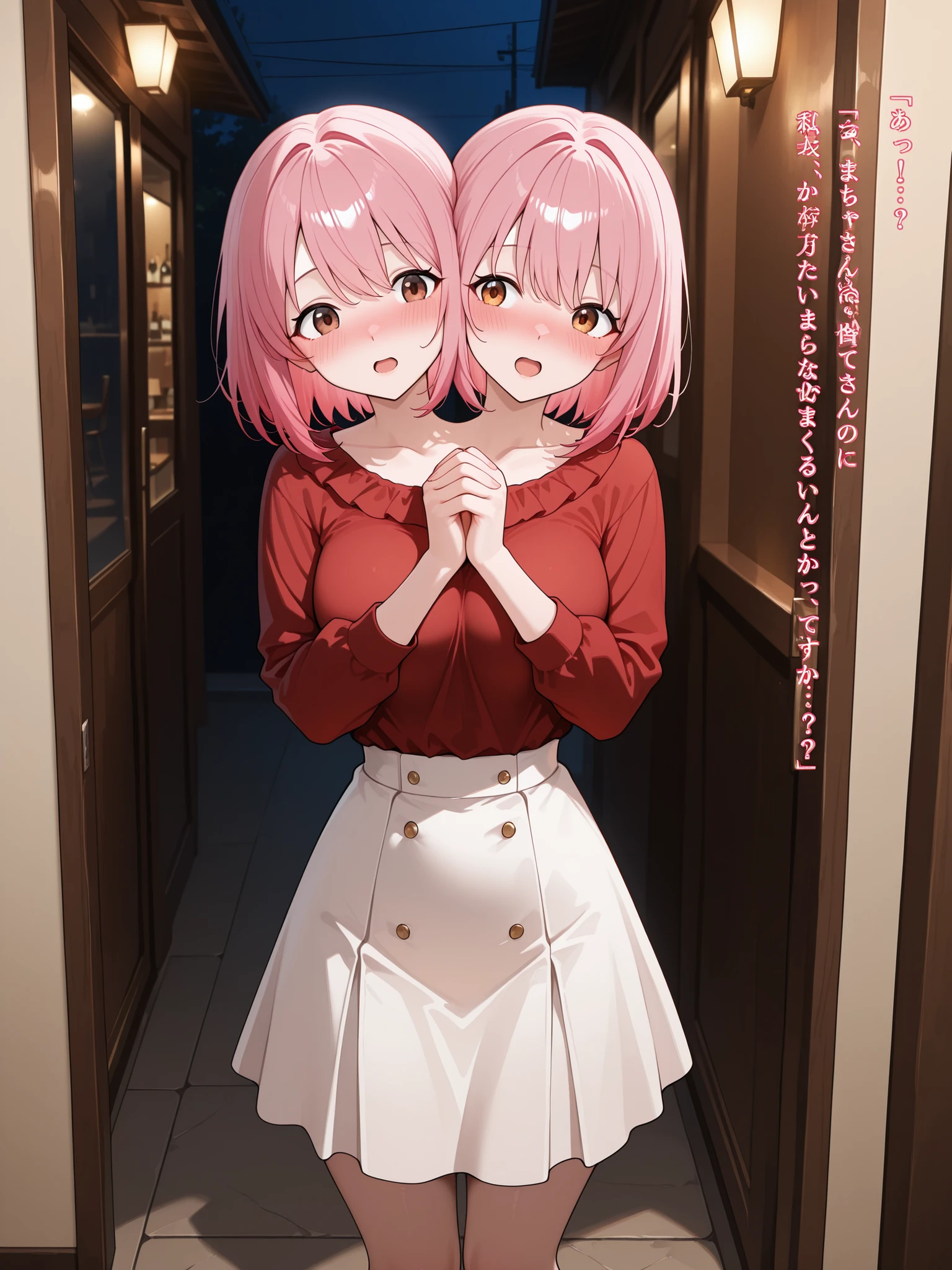 conjoined, anime girl with two heads, long pink hair, brown eyes, open mouth, love confession, red shirt, white skirt, hands clasped at waist, restaurant entrance at night