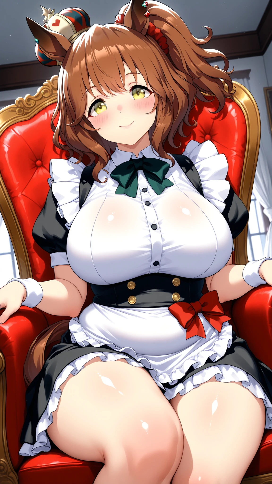 Safe, dynamic angle, masterpiece, beautiful eyes, details eyes, highres, best quality, ultra-detailed, top quality, 8K, very aesthetic, intricate details, gl0ssy, shiny skin, cowboy shot, upper body, (at room), (French maid:1.3), red bowknot, from front, from below, sitting, on the chair, bend knee, smile, swaet, 1girl, Aston Machan \(umamusume\), dark yellow eyes, tareme, horse girl, horse ears, horse tail, head on mini crown, side ponytail, lightbrown hair, medium hair, hair ornament, red head scrunchie, blush, large breast, closed mouth, barefoot, curvy, wide hip, thick thigh, chubby, plump, looking at viewer