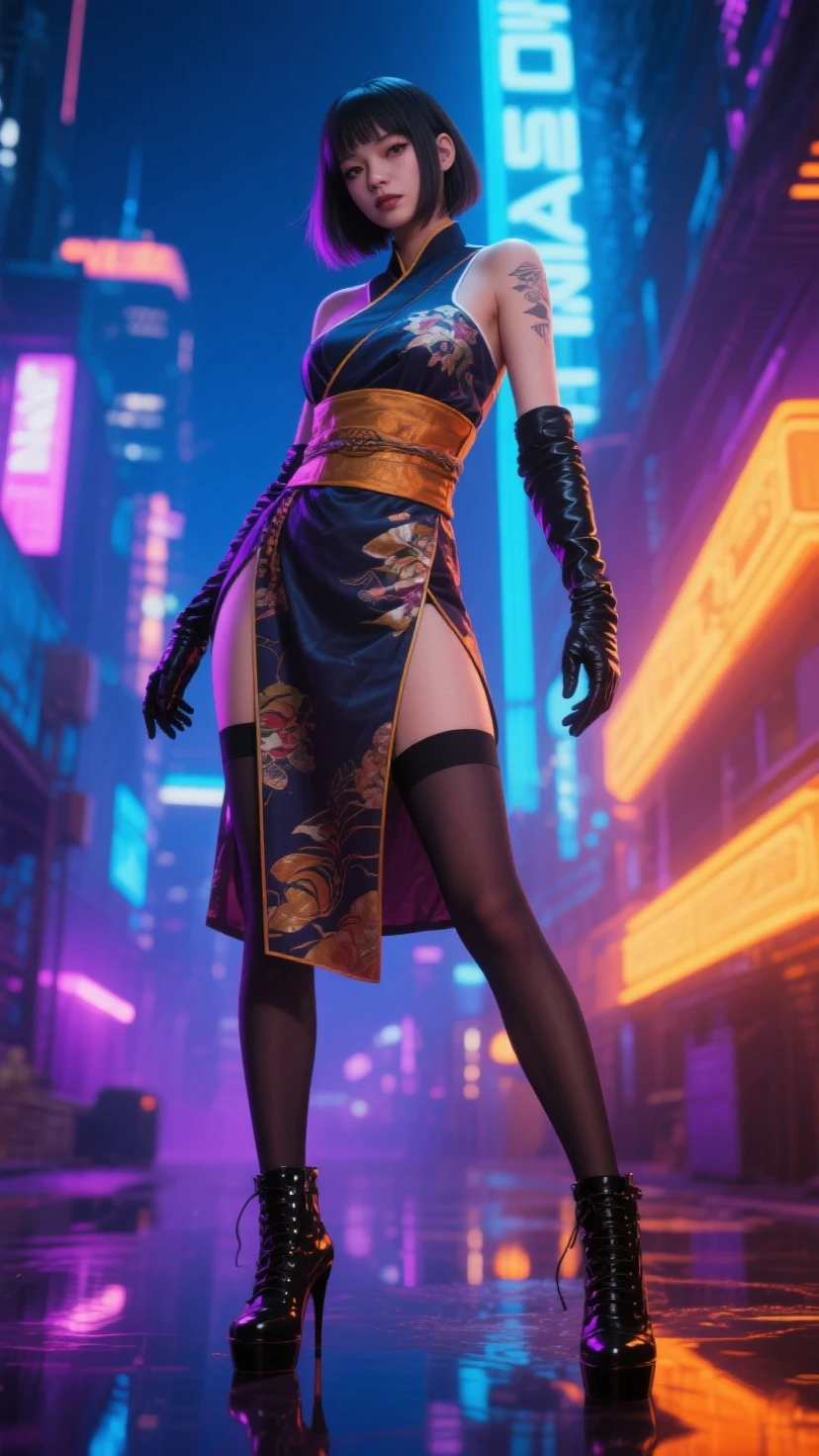 masterpiece, strong depth of field, 1girl, vicems,
solo, cyberpunk style background, fighting stance, loot at viewer, cleavage, choker,(red shirts:0.8),long sleeves, female black suit, delicate hand, detailed pantyhose, in highheels,bokeh,
 <lora:viceTheKingOfFighters_1:0.89>
