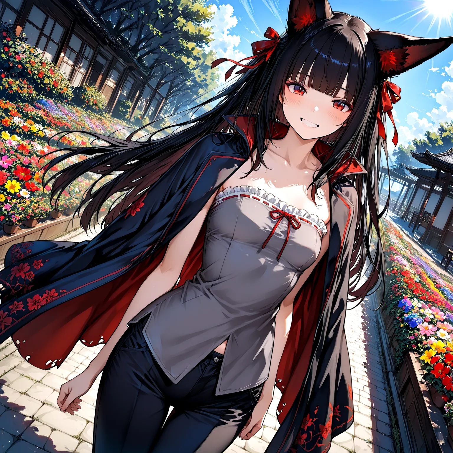 Two girls standing side by side, holding hands.colorful flower garden,blue sky,soft sunlight,rich colors,(masterpiece:1.2), (best quality:1.2), (very aesthetic:1.2), (absurdres:1.2), (detailed background),(Extreme Resolution)