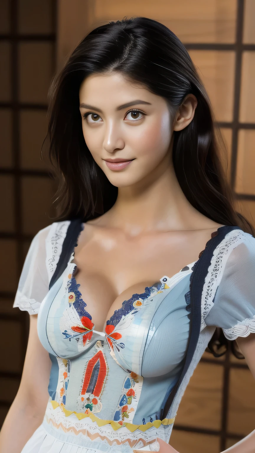 RAW digital art, ultra-realistic 3D render of a stunning woman resembling Native American Woman, Pocahontas, Close-Up portrait, ((young woman)), ((highly detailed face:1.3)), ((perfectly portioned body, perfect female figure:1.3)), ((skinny, slim waist, narrow hips:1.3)), ((seductive gaze)), ((flawless skin texture, long eyelashes, expressive eyes with subtle reflections, makeup)), ((perfect breasts, medium breasts:1.4)), ((smooth yet detailed hair strands, long dark as night hair, shiny hair: 1.2)), soft shadows and cinematic studio lighting, Pixar-inspired style blending vibrant colors with realistic details, ((wearing a bright red dirndl with white lace blouse and embroidered apron:1.25)) standing outside a timber-framed tavern, Oktoberfest banners fluttering above, sunlight glinting off wooden beer steins, One leg bent slightly at the knee, fingertips grazing her thigh, serene expression, background softly blurred with warm tones, (8K resolution, intricate textures, sharp focus)