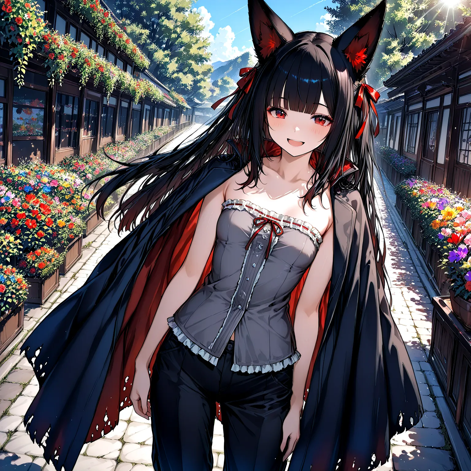 Two girls standing side by side, holding hands.colorful flower garden,blue sky,soft sunlight,rich colors,(masterpiece:1.2), (best quality:1.2), (very aesthetic:1.2), (absurdres:1.2), (detailed background),(Extreme Resolution)