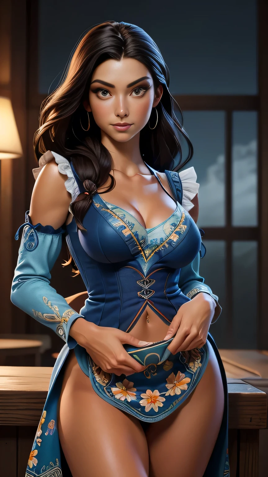 RAW digital art, ultra-realistic 3D render of a stunning woman resembling Native American Woman, Pocahontas, Close-Up portrait, ((young woman)), ((highly detailed face:1.3)), ((perfectly portioned body, perfect female figure:1.3)), ((skinny, slim waist, narrow hips:1.3)), ((seductive gaze)), ((flawless skin texture, long eyelashes, expressive eyes with subtle reflections, makeup)), ((perfect breasts, medium breasts:1.4)), ((smooth yet detailed hair strands, long dark as night hair, shiny hair: 1.2)), soft shadows and cinematic studio lighting, Pixar-inspired style blending vibrant colors with realistic details, ((wearing a deep blue dirndl with floral embroidery and puffed sleeves:1.25)) carrying a tray of frothy steins through a bustling beer garden, long braids swinging, laughter filling the air, One leg bent slightly at the knee, fingertips grazing her thigh, serene expression, background softly blurred with warm tones, (8K resolution, intricate textures, sharp focus)