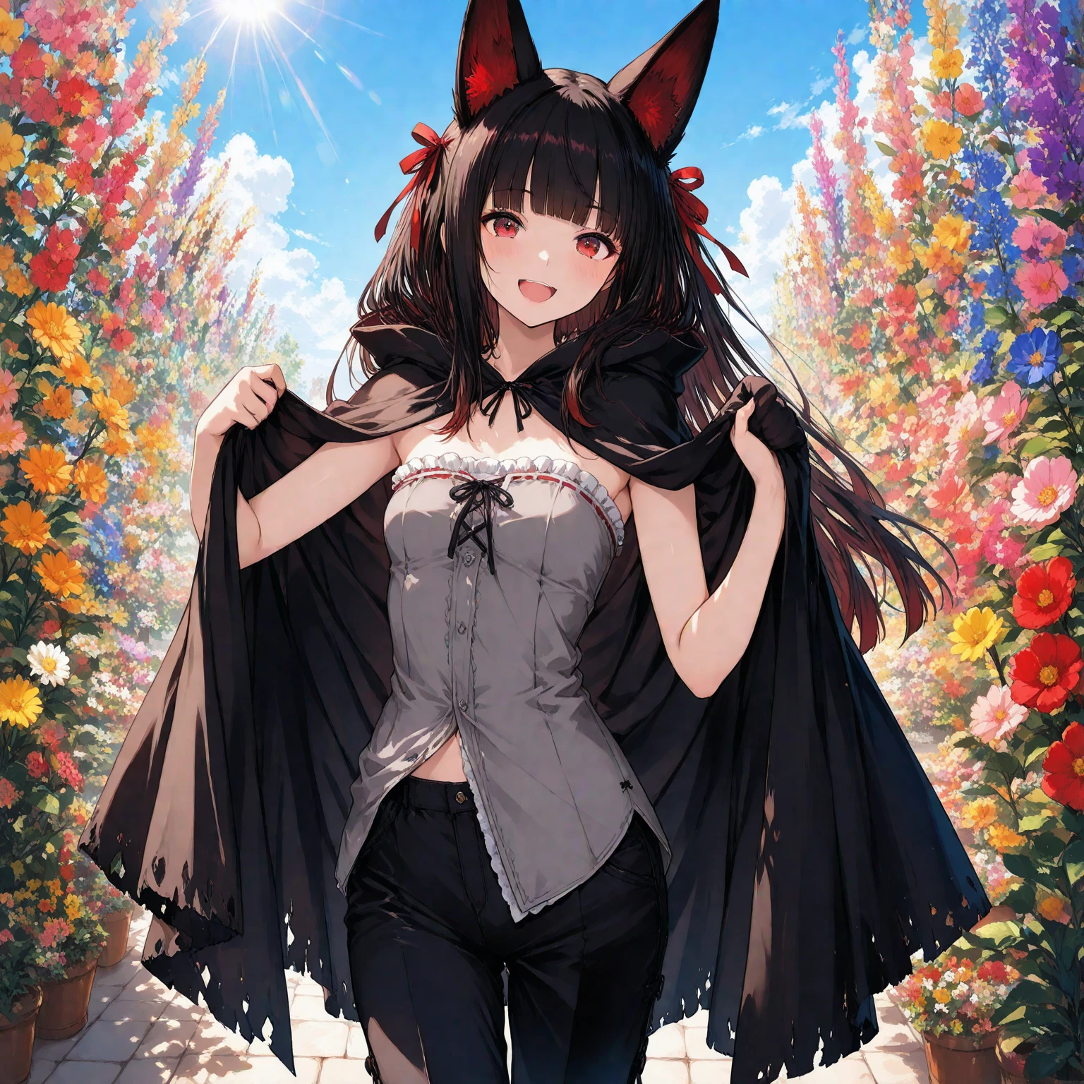 Two girls standing side by side, holding hands.colorful flower garden,blue sky,soft sunlight,rich colors,(masterpiece:1.2), (best quality:1.2), (very aesthetic:1.2), (absurdres:1.2), (detailed background),(Extreme Resolution)