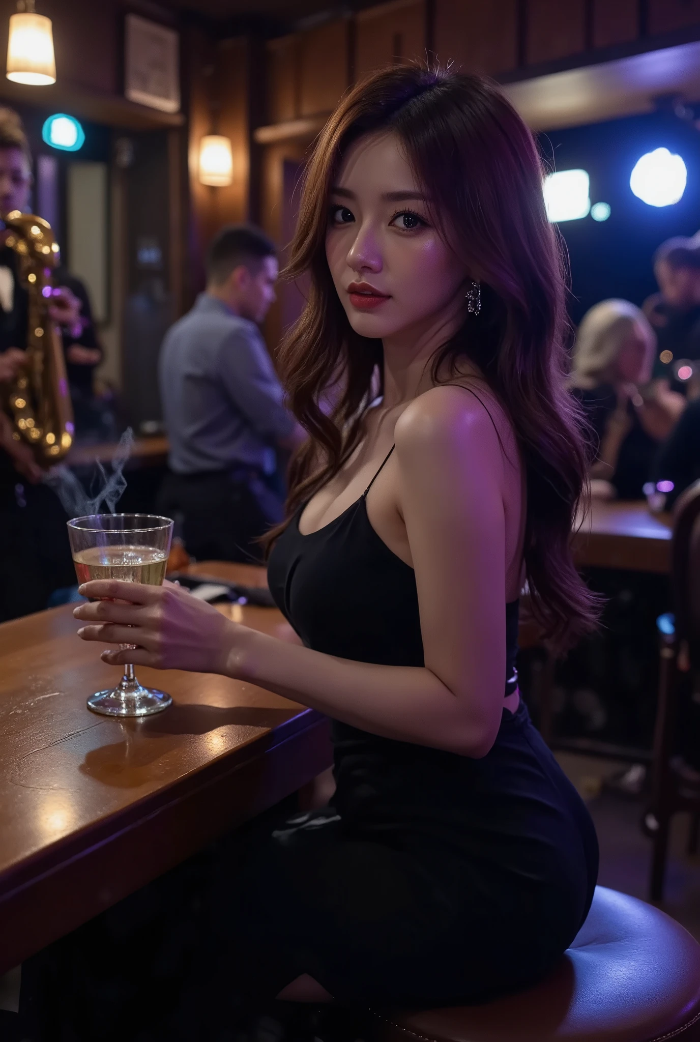 A captivating Busty woman in her 30s with wavy auburn hair and red lipstick sits at a jazz bar counter, cocktail in hand, 3/4 view from right side. Her elegant black dress catches colorful RGB lighting from overhead fixtures, creating purple and blue highlights on her skin. The dimly lit bar interior features vintage wooden elements, brass instruments on walls, and silhouettes of musicians performing in background. Atmospheric haze from cigarette smoke, bokeh effect from unfocused lights, professional photography, shot with Canon 5D Mark IV, 50mm f/1.4 lens, shallow depth of field, soft background blur, cinematic color grading, high detail in facial features