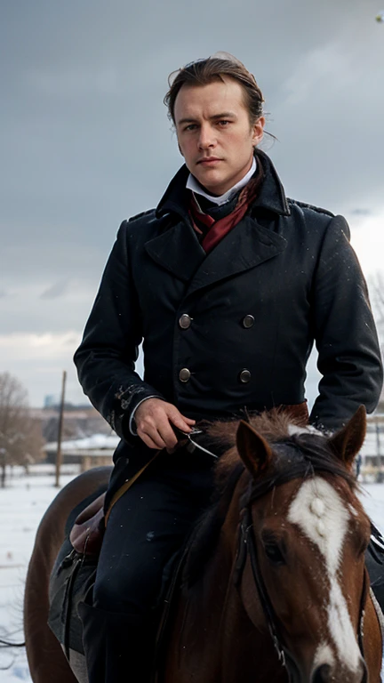 A man with a white beard,Wearing a white coat，mounted on a horse, full body portrait shot, , height is 180 cm, , wearing boots, marketing photo。