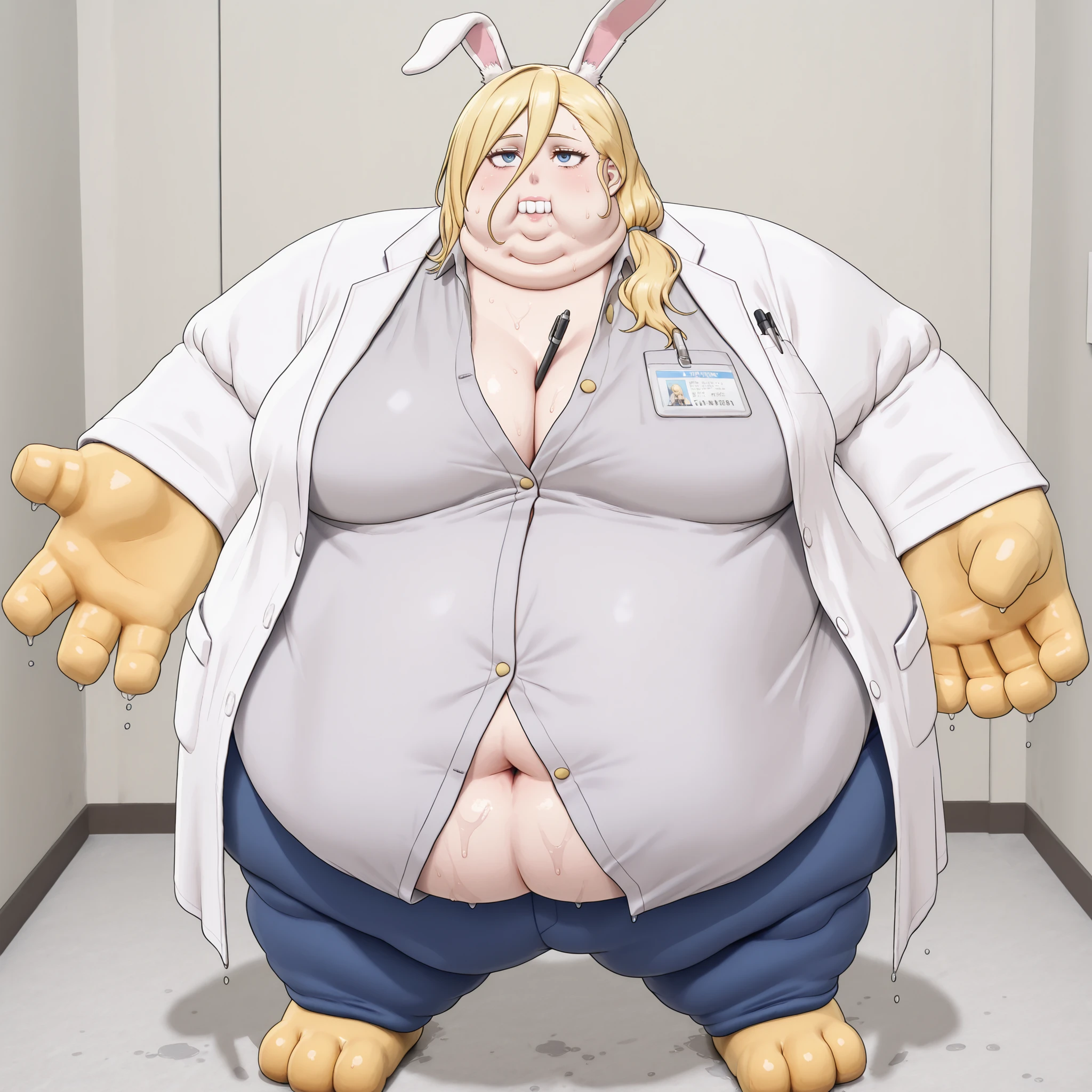 large buck teeth, hand expanding in size and sprouting tawny Were-Rabbit fur, rabbit ears, rabbit tail, La_Monica
1girl, solo, blonde hair, long hair, side ponytail, hair between eyes,
hair tie, white hair tie,
lab coat, white lab coat, shirt, gray shirt, shirt with golden buttons, unbuttoned shirt, light blue pants, chest pocket, pen in chest pocket, blank_stare, empty_stare,  fat, chubby, obese, gigantic arms and legs, large breasts, sweating, wet body, swollen face, Fat_neck , Fat head , eyes with crushed cheeks , nose with crushed cheeks , mouth with crushed cheeks , chin roll,
only head, large head, oversized limbs, large hands, large feet, oversized feet, oversized fingers, big lips, plump lips, fat face, fupa, big fupa, fat fupa, 