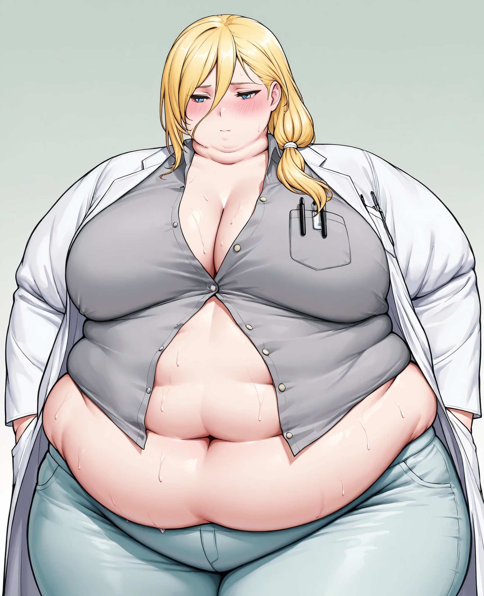 masterpiece, best quality, solo, 1girl, score_9, score_8_up,score_7_up BREAK, 1girl, solo, chubby, fat, very fat, obese, obesearms and legs, sloppy stomach, saggy round breasts, fat face, fupa, double chin, plump, thick thighs, thigh, morbidly obese, immobile, blush, sweaty, sweaty hair, blushing,  La_Monica 1girl, solo, blonde hair, long hair, side ponytail, hair between eyes, hair tie, white hair tie, lab coat, white lab coat, shirt, gray shirt, shirt with golden buttons, unbuttoned shirt, light blue pants, chest pocket, pen in chest pocket, (clothes rip 1.3), (tight clothes 1.5),  