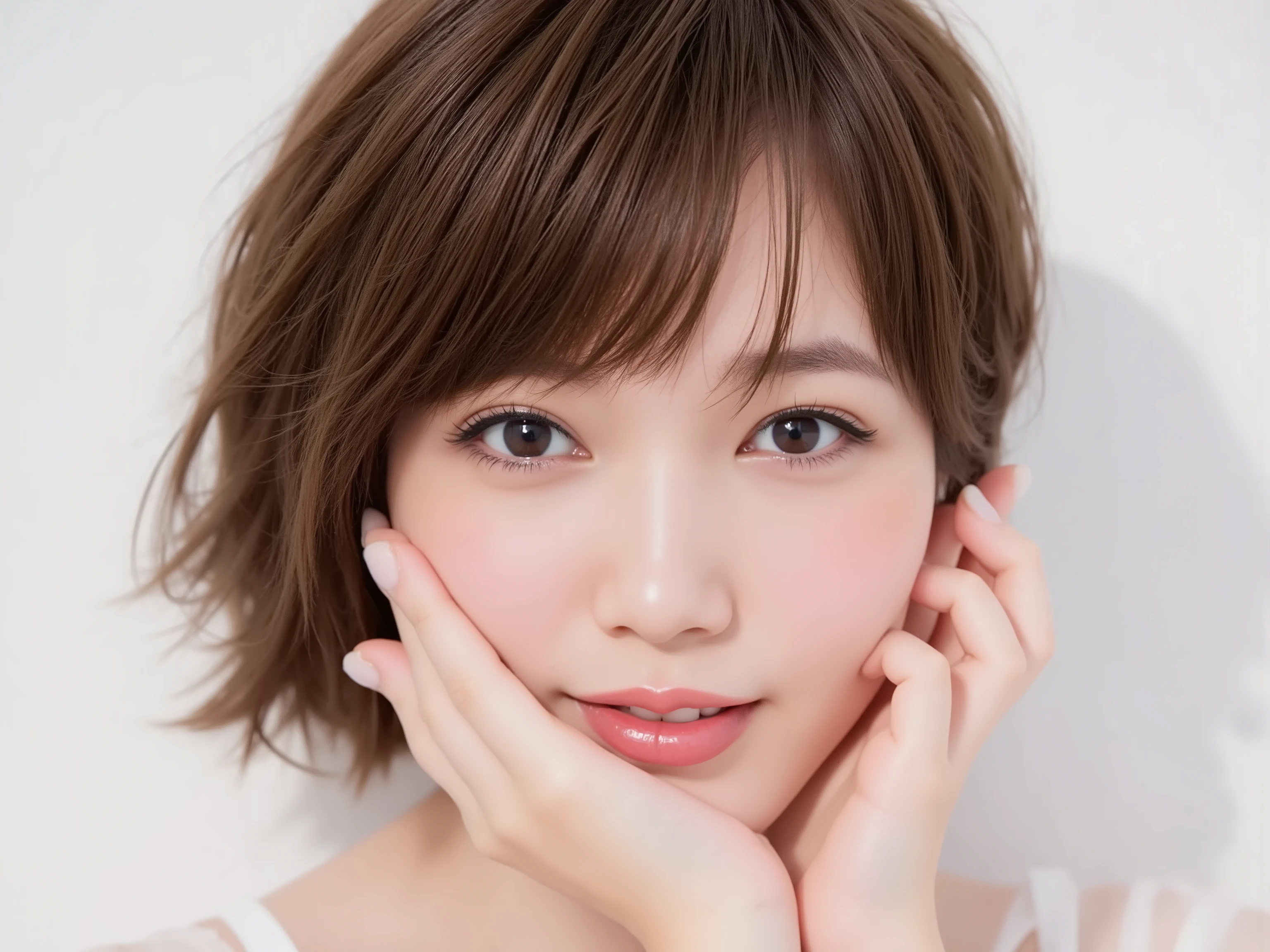 (Refined from an old photo, recreated in a modern, ultra high-quality photorealistic style, 
with a trendy Reiwa-era hairstyle: smooth semi-long hair with soft natural waves, 
neatly styled with airy see-through bangs and a glossy, well-groomed finish),

Ultra photorealistic close-up portrait of a beautiful Japanese woman, 
upper-body composition, wearing a black outfit completely out of frame (not visible), 
shoulders and collarbone softly exposed, 

both hands gently pressing her cheeks in a shy, lovestruck pose, 
sparkling eyes filled with warmth and joy, gazing dreamily at the viewer with overflowing affection, 
cheeks blushing deeply with a radiant, sweet glow, 
soft glossy lips opened slightly in a bright, joyful lovestruck smile, 
expression melting with happiness — playful, bashful, dreamy, and irresistibly affectionate, 
smile overflowing with warmth and genuine emotion, radiating pure love and joy, 

realistic skin with detailed pores, natural uneven tones, and tiny imperfections for realism, 
soft peach fuzz visible, smooth and refined texture, 
clear and smooth skin without any blemishes or moles, 
beautiful even skin tone with a healthy, luminous glow, 

hair rendered with fine individual strands, silky and neatly arranged, 
natural matte shine with subtle highlights, 

soft diffused cinematic lighting with natural depth, 
pure white blurred background for an intimate, clean atmosphere, 

(masterpiece, best quality, ultra photorealistic, high resolution, 
intimate romantic close-up, cinematic magazine cover style)

