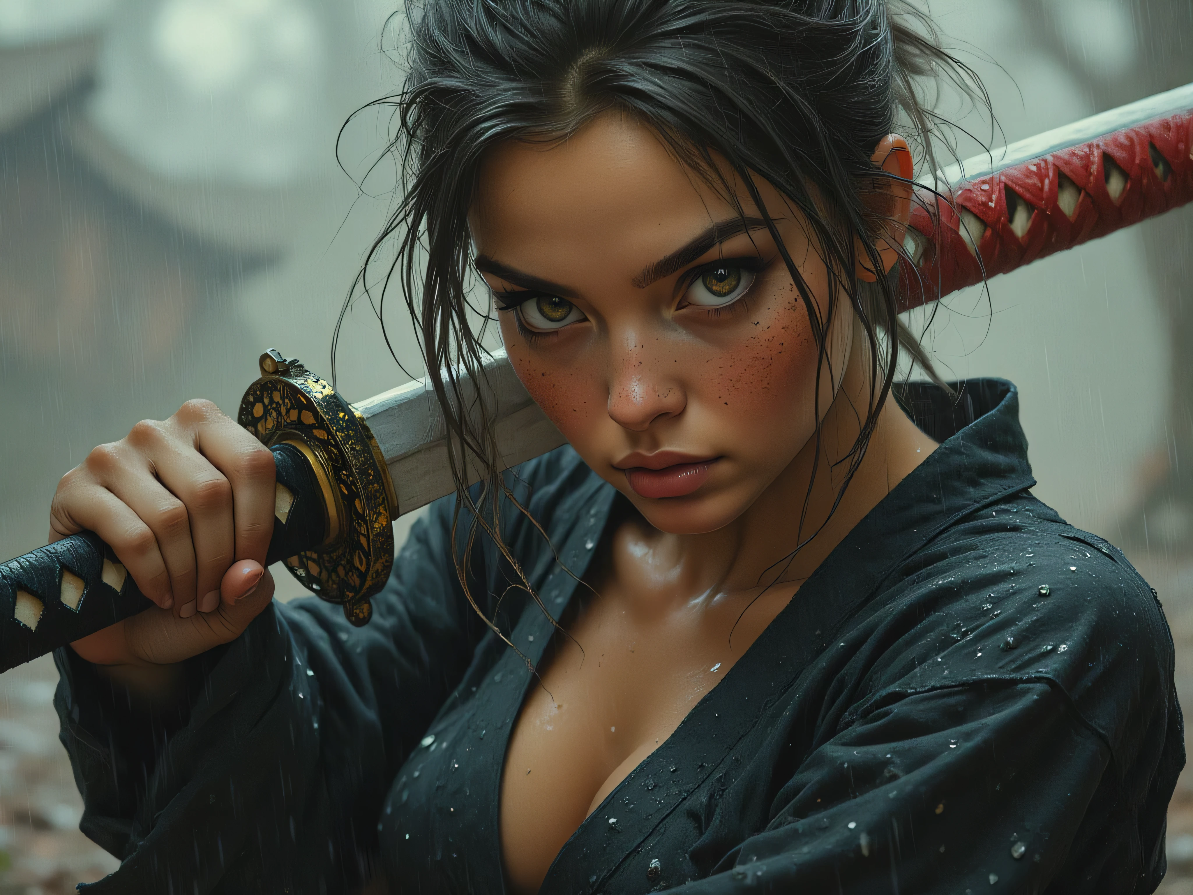 masterpiece, 8k resolution, ultra detailed, pastel color palette, beige skin surface. a sexy woman with a focused expression, holding a katana. Her hair is styled in a messy bun, and she has light skin with freckles. She is wearing only a dark, revealing ( nsfw) rain-soaked robe, open on the big breast, and her face is partially turned to the side. The katana has a detailed hilt with a woven pattern in black and gold, and the blade is sheathed in a red scabbard. The background is blurred, suggesting a rainy setting, with streaks of rain visible throughout the image, adding a dynamic and dramatic effect. The overall color palette is muted, with emphasis on earthy tones and the contrast between the dark robe and the bright katana scabbard.