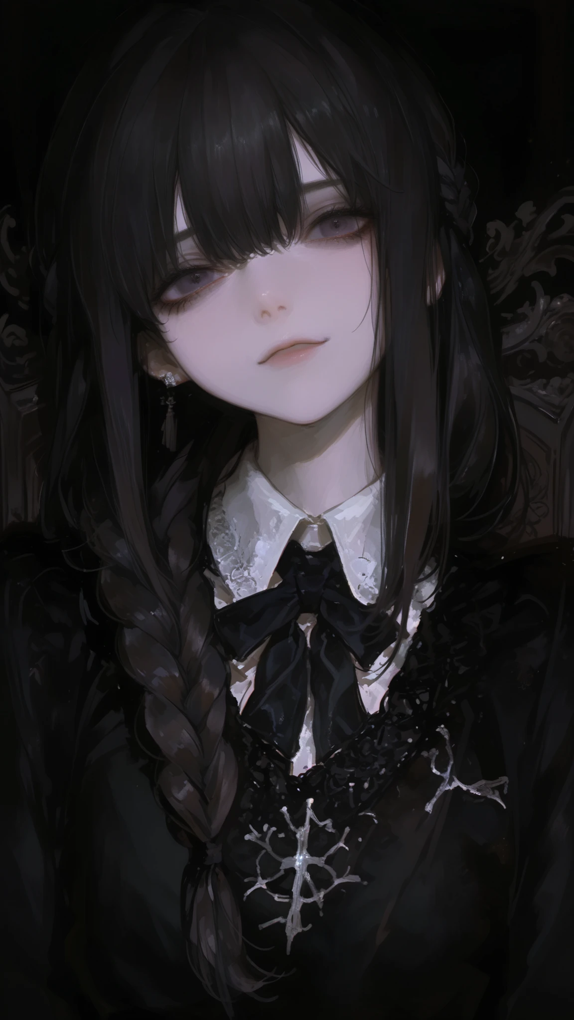masterpiece, best quality, amazing quality, very aesthetic, newest, 1girl, 748cmstyle, gothic style、Wednesday(The Addams Family)、moody expression、look with disdain、braid hair, dark atmosphere、Artistic background、