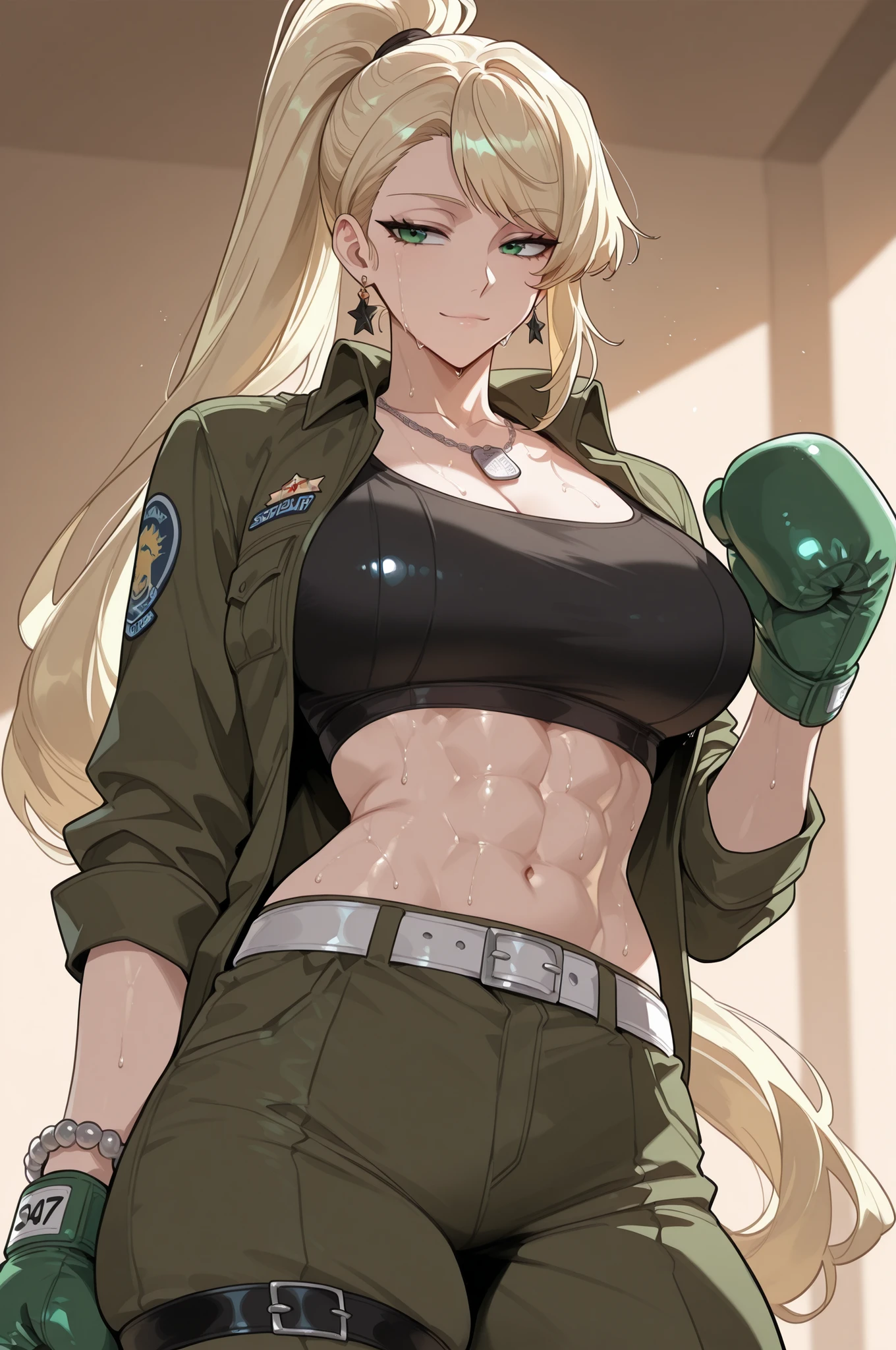 lazypos,
Tes, 1 girl ,solo, blonde hair, long hair, high ponytail, side swept bangs, green eyes, muscular, abs, earrings,
, military uniform, black crop top, green cargo pants, white belt, thigh straps, boxing gloves, dog tag necklace, military badge, black cord necklace, silver charm bracelet, sweating
score_9, score_8_up, score_7_up, score_6_up, source_anime, rating_explicit, masterpiece, best quality, intricate details, gothic fantasy, confident gaze, cinematic lighting, clean background, detailed face, vibrant colors, light smile,