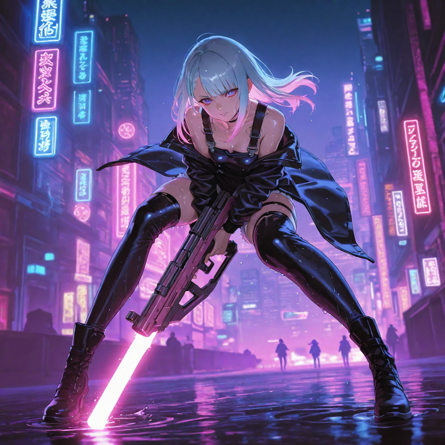 cyber punk、dark、gas mask、girl、Submachine gun in both hands、Bouncing、White Hair、Smoke erupts、Bright、Laser Light、beautiful、strong、Uplifting