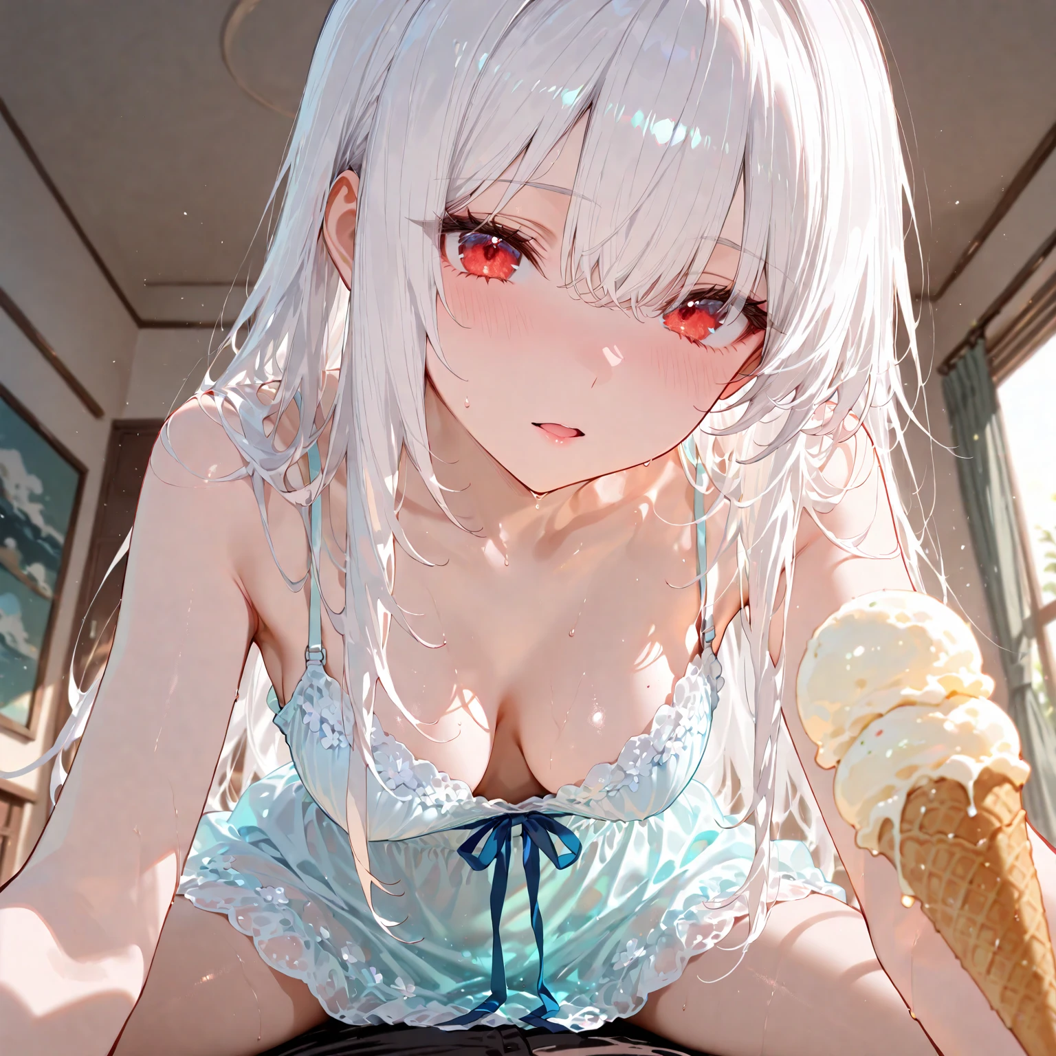 "(((best quality))),(((ultra detailed))),masterpiece))),illustration,1girl,white hair,red eyes,yandere,bloody knife,lovestruck stare,exposed ?????, ?????"