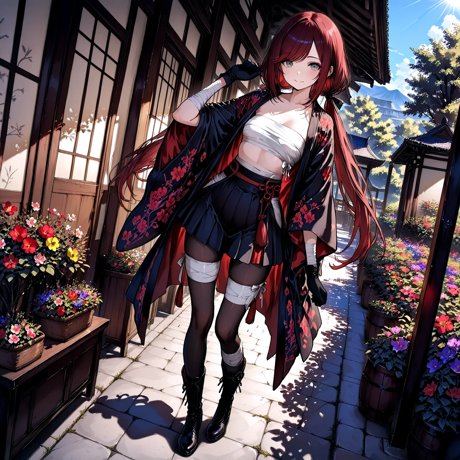 Two girls standing side by side, holding hands.colorful flower garden,blue sky,soft sunlight,rich colors,(masterpiece:1.2), (best quality:1.2), (very aesthetic:1.2), (absurdres:1.2), (detailed background),(Extreme Resolution)