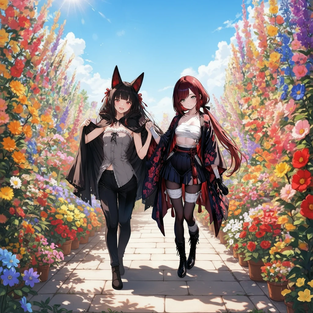 Two girls standing side by side, holding hands.colorful flower garden,blue sky,soft sunlight,rich colors,(masterpiece:1.2), (best quality:1.2), (very aesthetic:1.2), (absurdres:1.2), (detailed background),(Extreme Resolution)