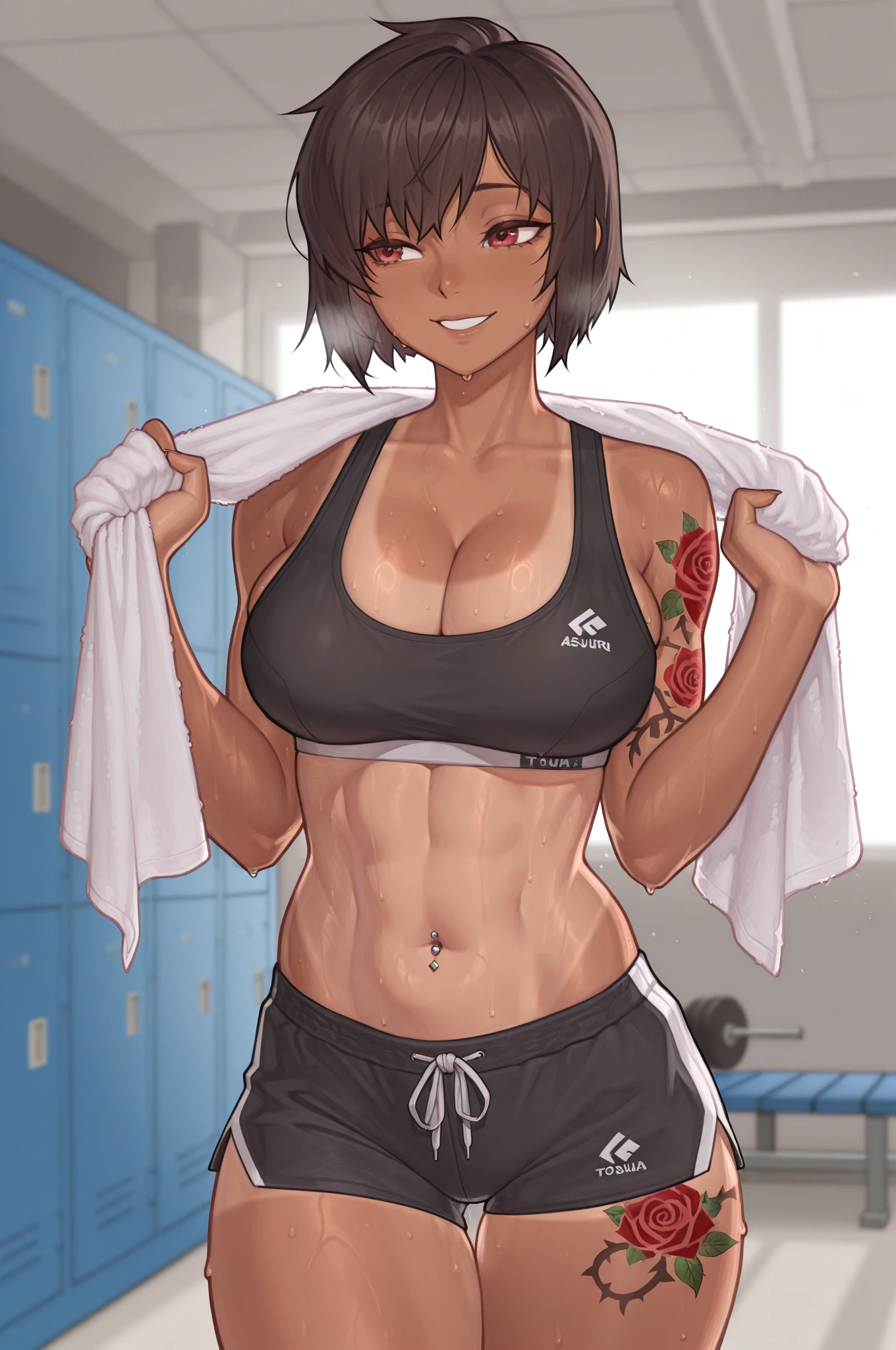 masterpiece:1.2, 1woman, (20 years old), (best quality), (real photo, complex details, depth of field), highly detailed face, (appreciative look), beautiful nose, (beautiful bright dark steel-colored eyes), ( : 1.3), (hands raised, hands clasped behind the head), moderate musculature, wide , attractive waist, high toned belly, beautiful pumped-up abs, beautiful navel, (high short black ponytail: 1.2), , disproportionate , hanging , ((light brown sport top)), (athletic sleeves), (loose sweatpants), ( with high straps), 
