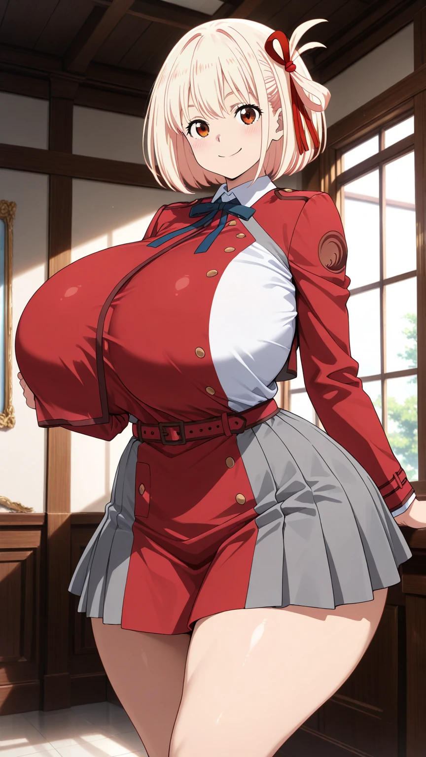 High resolution, Hellsing Ultimate art style, Seras Victoria, 1girl, ((bimbo))), short blond hair, red eyes, puffy lips, thick lips, wide , thick thighs, enormous fake , huge , cute smile, blushing, girlfriend, tight police uniform, red crop top, panties,  squeezed together, legs, gigantic round , squishy ,  posing, gigiantic thick , 
