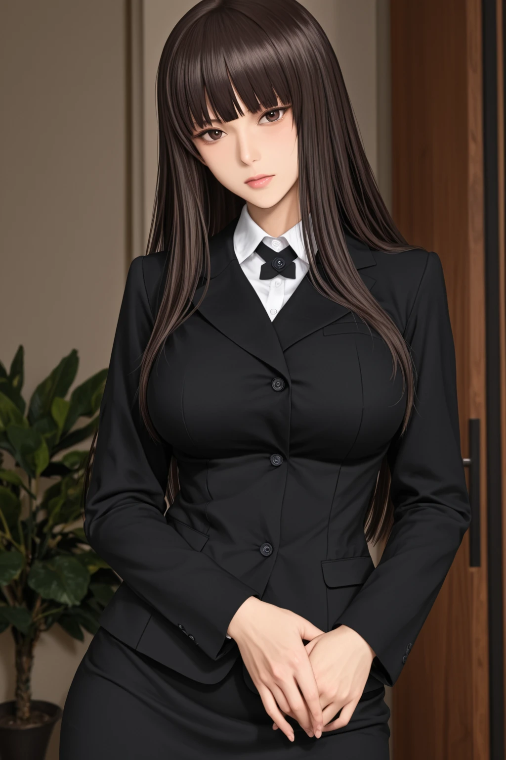 ((high quality)), ((Tabletop)), (Detailed face), (highlight),　Asian Girl、Big breasts、thigh、Black Hair、Heavy bangs、high school girl、skirt、blazer、