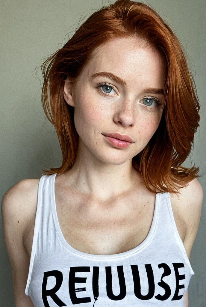 Super cute young Irish redhead girl with dark theme flash photography, short hair,  look, perfect teeth, slim nose and slim neck.  pointed natural , (hard  with realistic details, real skin, real ), (very small waist, slim body), blue eyes, highly detailed eyes, realistic giant  with natural fall, realistic skin, freckles, epic realism , freckles, RAW, realistic skin, epic realism, HDR: 1.5, epic skin detail