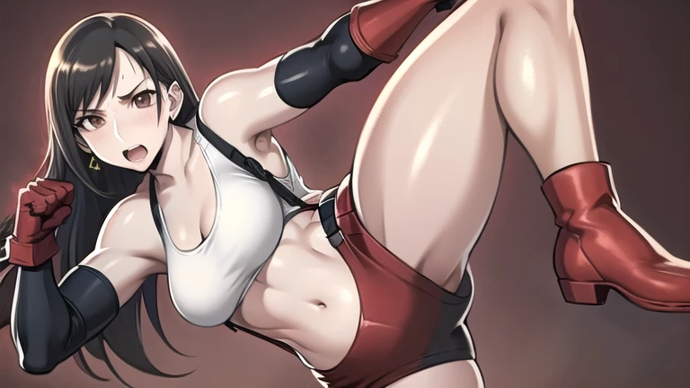 （Masterpiece、high quality、high resolution）、Female Fighter、Cleavage、belly button、Grim face、High Kick、Shorts、storehouse、fight