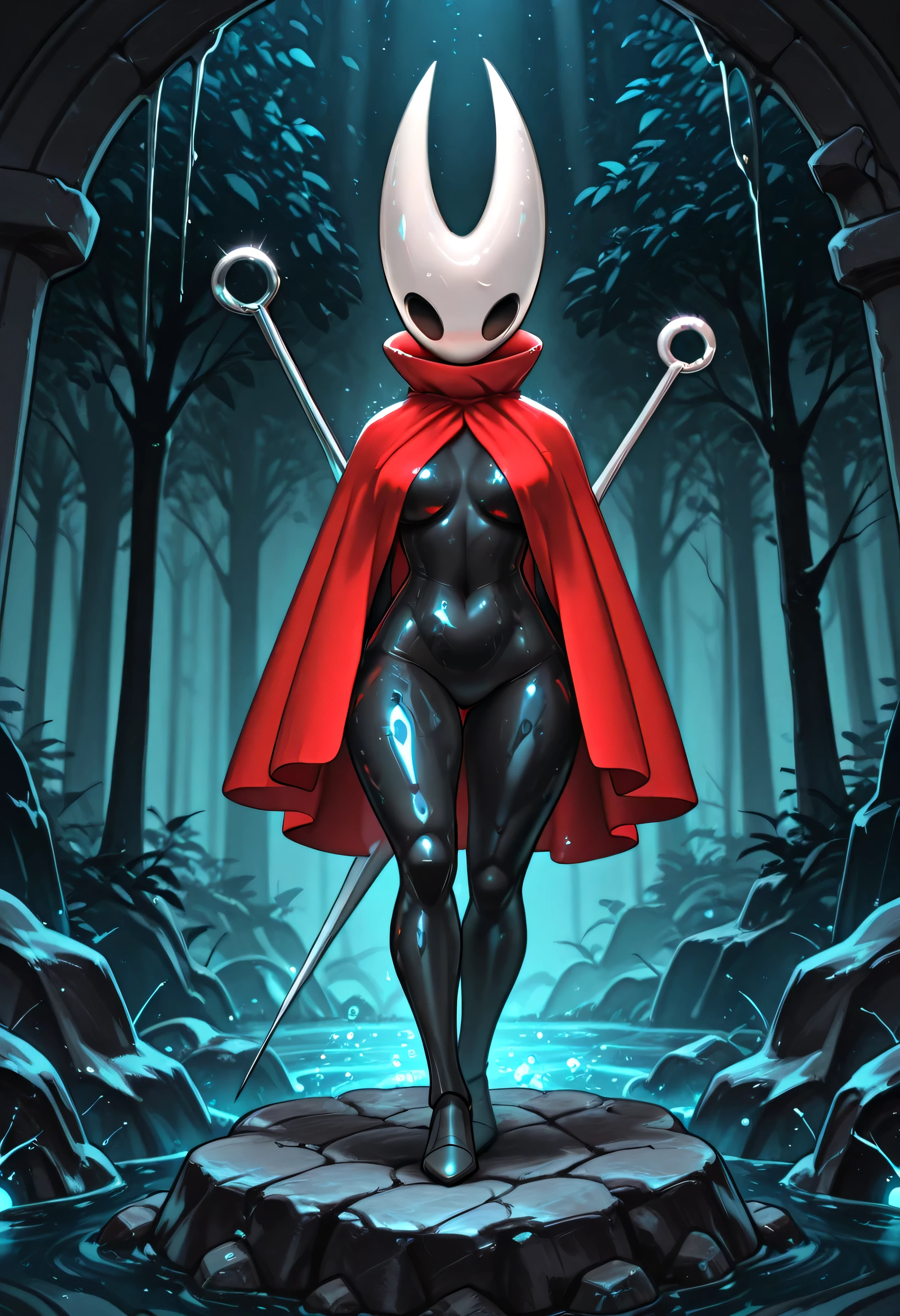 "A striking illustration of Hornet from Hollow Knight: Silksong, standing tall on a rocky cliff overlooking a vast, eerie voidscape. Her red cape is open, billowing slightly to reveal her lithe, insectoid figure, with subtle hints of her form beneath. She gazes down at the viewer with cold, piercing eyes, exuding confidence and menace. Her needle weapon is held diagonally across her body, gleaming faintly. The Hollow Knight art style is preserved, with intricate linework, a dark and moody color palette, and glowing environmental details like crystals and faint fog. High detail, 4K resolution, dramatic lighting, dynamic perspective."