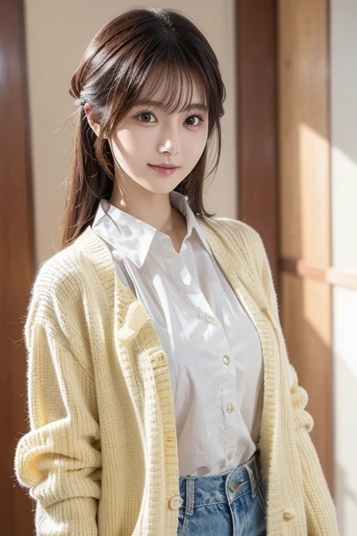 (masterpiece:1.3, top-quality, ultra high res, ultra detailed), (realistic, photorealistic:1.4), beautiful illustration, perfect lighting, natural lighting, colorful, depth of fields, ,
beautiful detailed hair, beautiful detailed face, beautiful detailed eyes, beautiful clavicle, beautiful body, beautiful chest, beautiful thigh, beautiful legs, beautiful fingers, shiny skin, 
looking at viewer, 1 girl, high school girl, (perfect , anatomically correct, super detailed skin), cute and symmetrical face, babyface, perfect face, perfect eyes, slender, 
(long hair:1.5, low twintails:1.5, light purple hair), swept bangs, gold eyes, drooping eyes, big eyes, long eye lasher, (medium breasts,  thighs), skin dendation, 
(detailed cloth texture, long sleeves light brown cardigan:1.2, white collared shirt, light grey pleated skirt), white thigh-high, dark red tie, 
hotel room, squatting, (lovely smile, upper eyes, parted lips), 