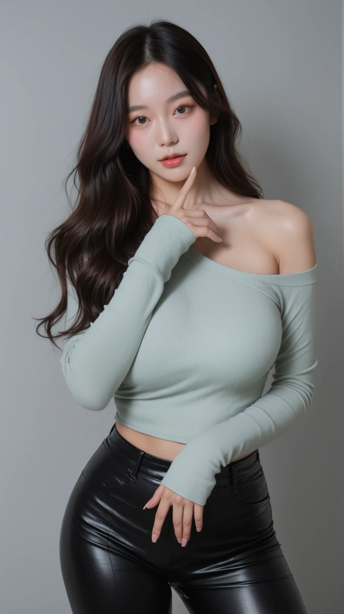 ((Realistic)), (Huge Breasts:1), (Wide Hips), (Wavy black hair), Dark Brown Eyes, ((Double Eyelids)), (Long Eyelashes), (((Korean Girl))), (((White Skin))), Beautiful Makeup, (Eyeshadow), Thick Thighs, Very Elaborate Eyes, Natural Light, (Masterpiece, Top Quality), (Sexy Beauty), Off-shoulder style dark green knit sweater (one shoulder exposed, relaxed fit), glossy black leather/pleather skinny pants, chic pose with one hand touching hair, haughty and captivating expression looking at the camera, long wavy brown hair, minimalist and clean white/light gray indoor background, soft and even studio lighting.