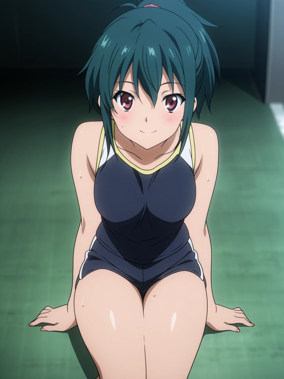 score_9,score_8_up,score_7_up,score_6_up,score_5_up,score_4_up, naokiamagake, 1girl, , , hetero, 1boy, green hair, , , open mouth, sitting position, sitting , head up, Pale Skin, Sports Hall Background, indoors, Antenna, Parted to Side, Shoulder-length, Pale Skin, 