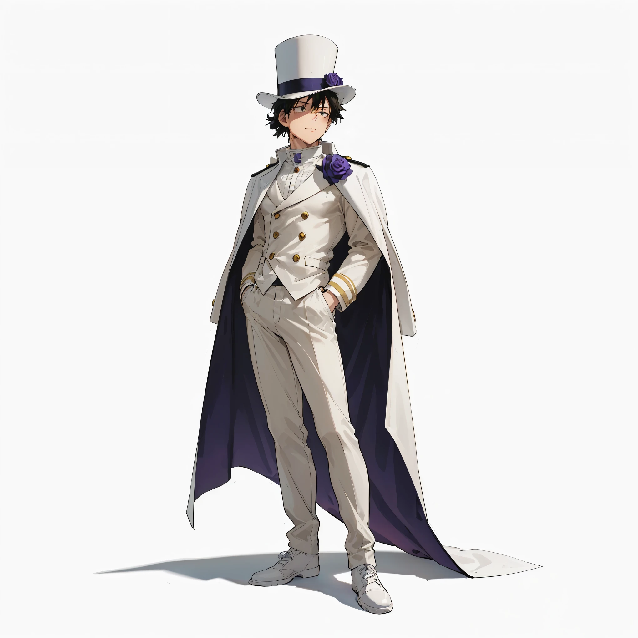 (male), (adult man), (slim body), (black hair), (neatly styled medium hairstyle), (brown eyes), (confident expression), (arms in pocket), (solo), (single character), (full body version), (white background), (no background), (highly detailed), (shadow), (standing pose), (natural light), (detailed outfit), (detailed hand), (detailed face), (detailed hair)
Wearing a pure white formal double-breasted suit with a matching long cape, white shirt underneath, white shoes, and a tall white top hat with a purple rose pinned on the chest. (Boku no Hero academia style art)